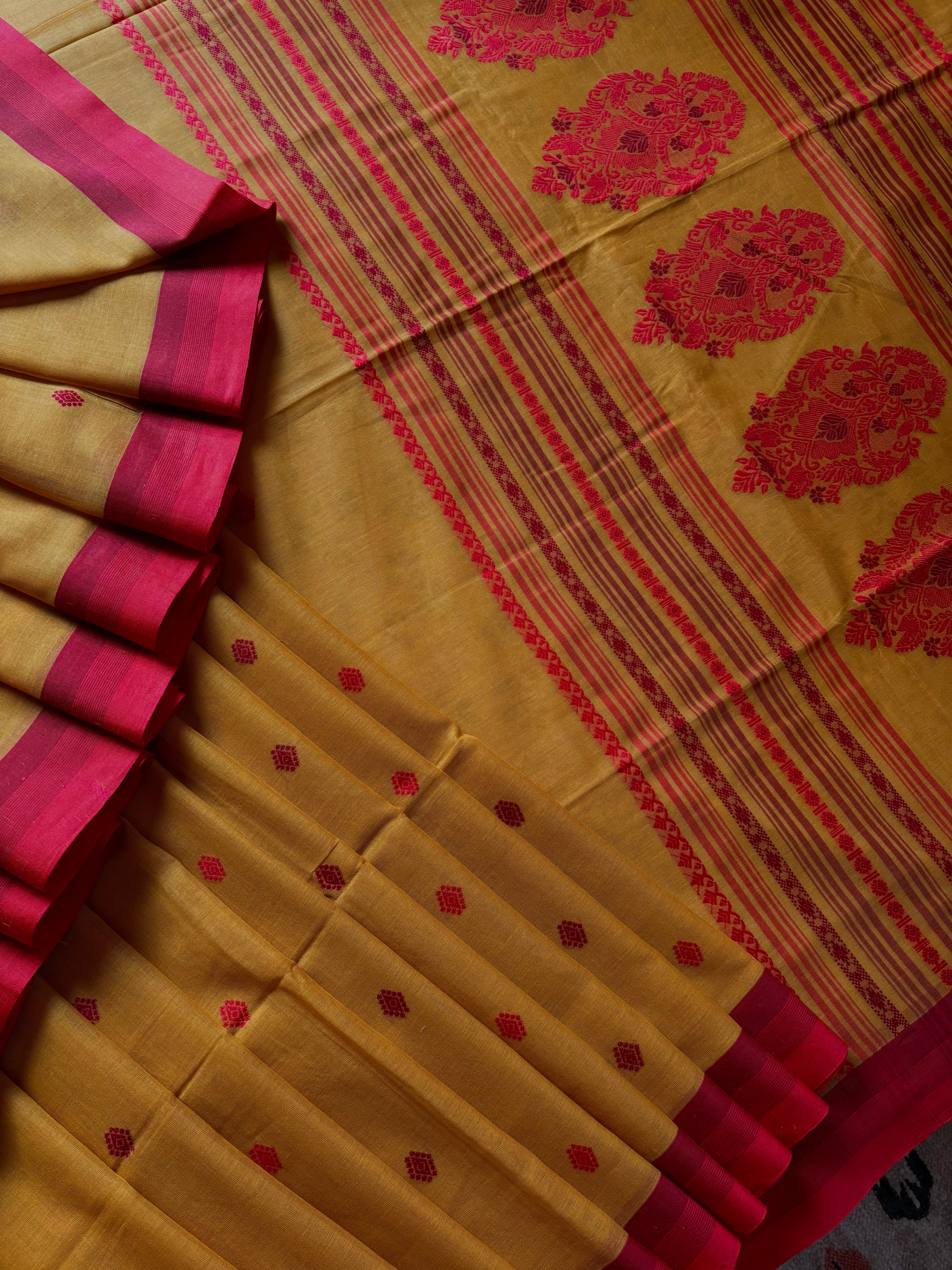 Handwoven Mustard Phulia Cotton Saree