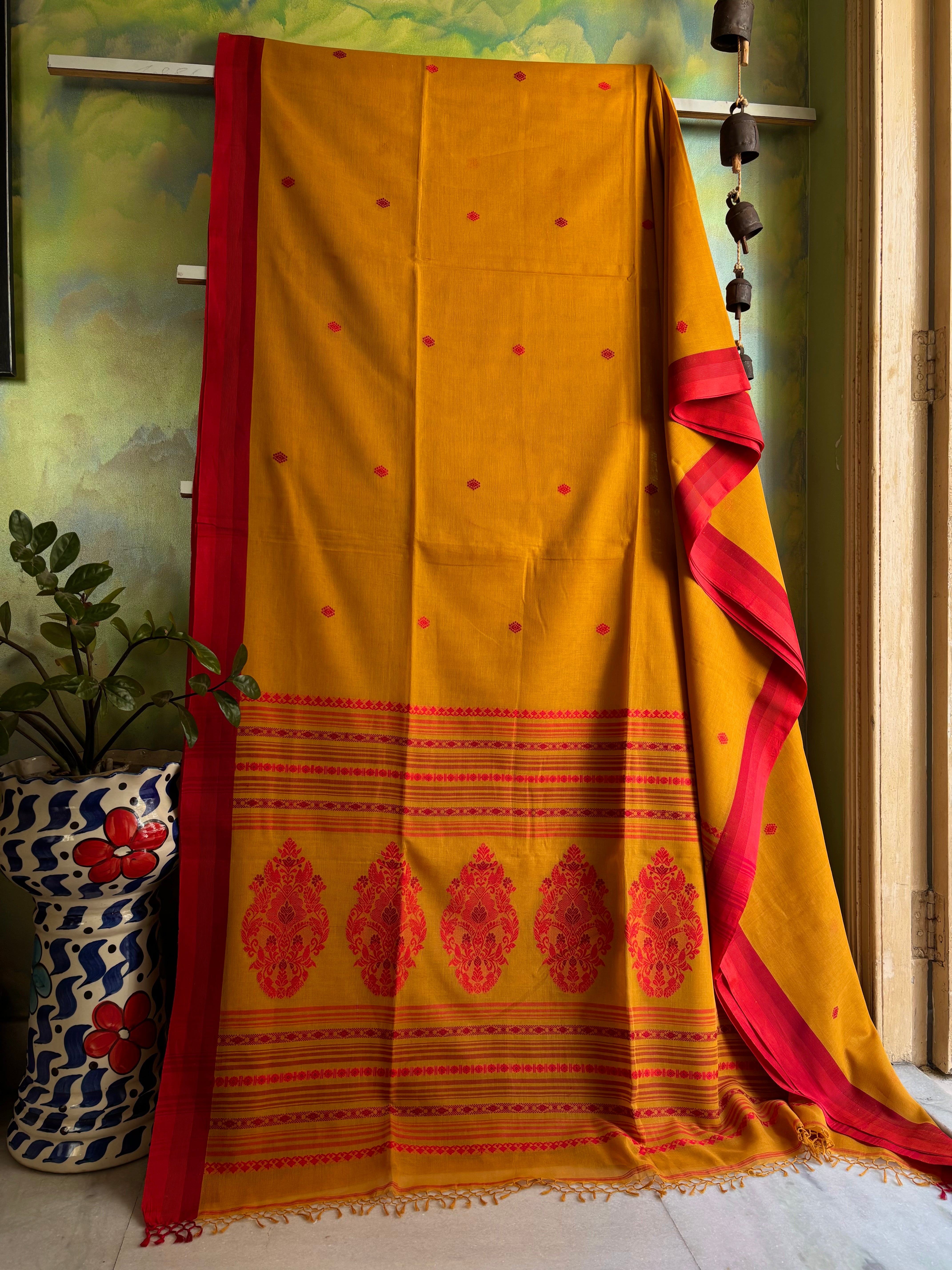Handwoven Mustard Phulia Cotton Saree