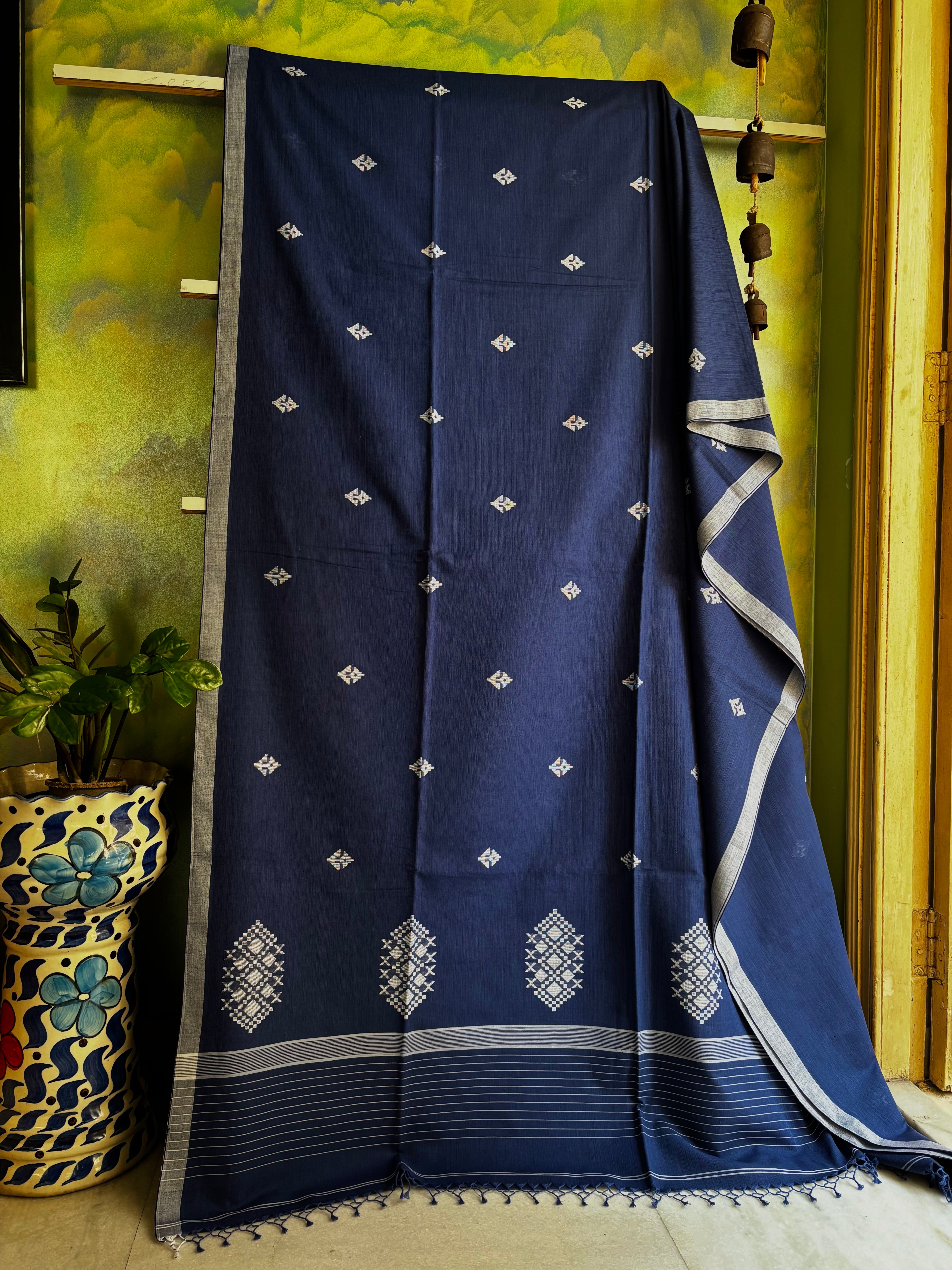 Handwoven Blue Colour Pure Cotton Jamdani