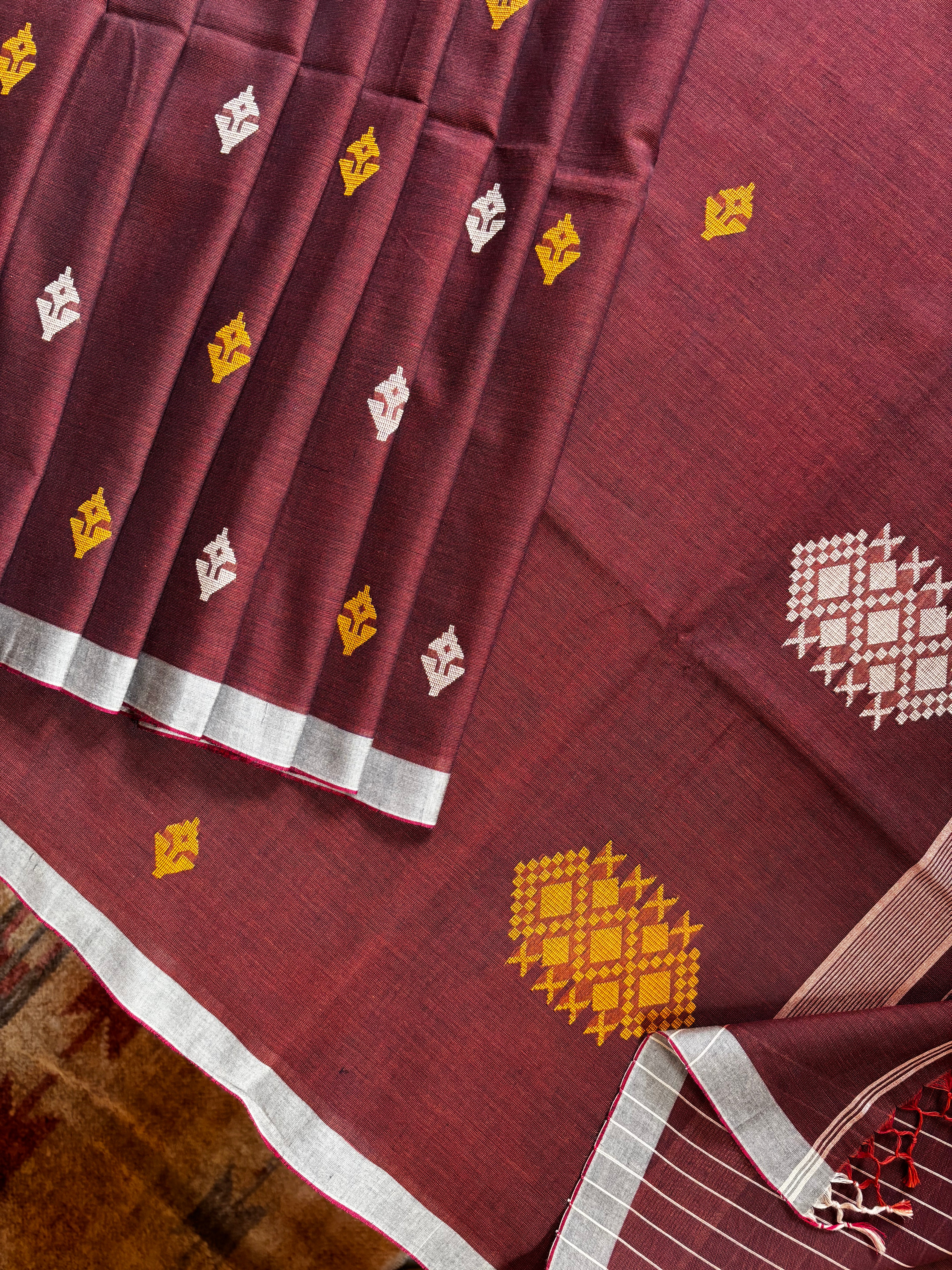 Handwoven Rust Colour Cotton Jamdani Saree