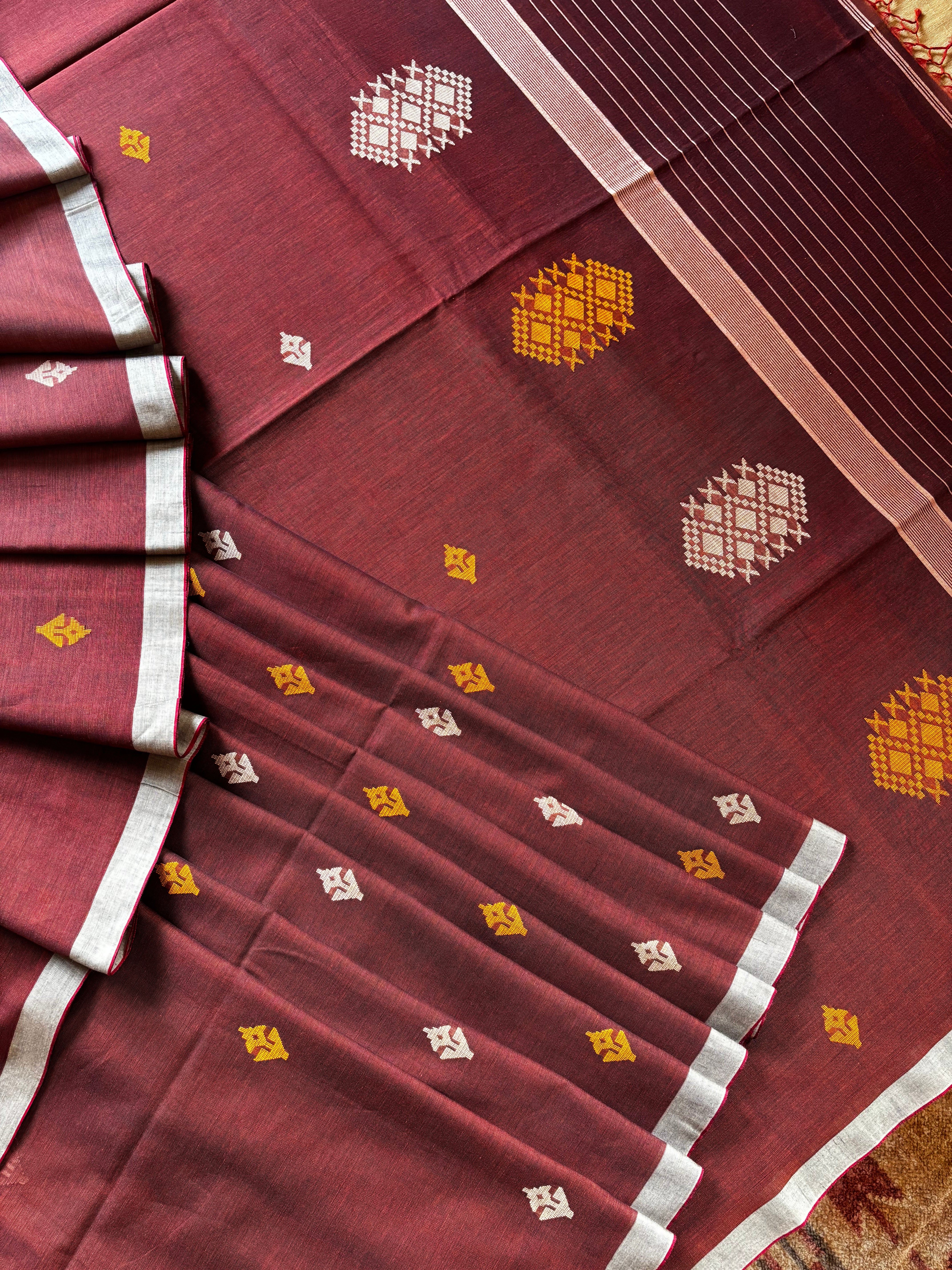 Handwoven Rust Colour Cotton Jamdani Saree