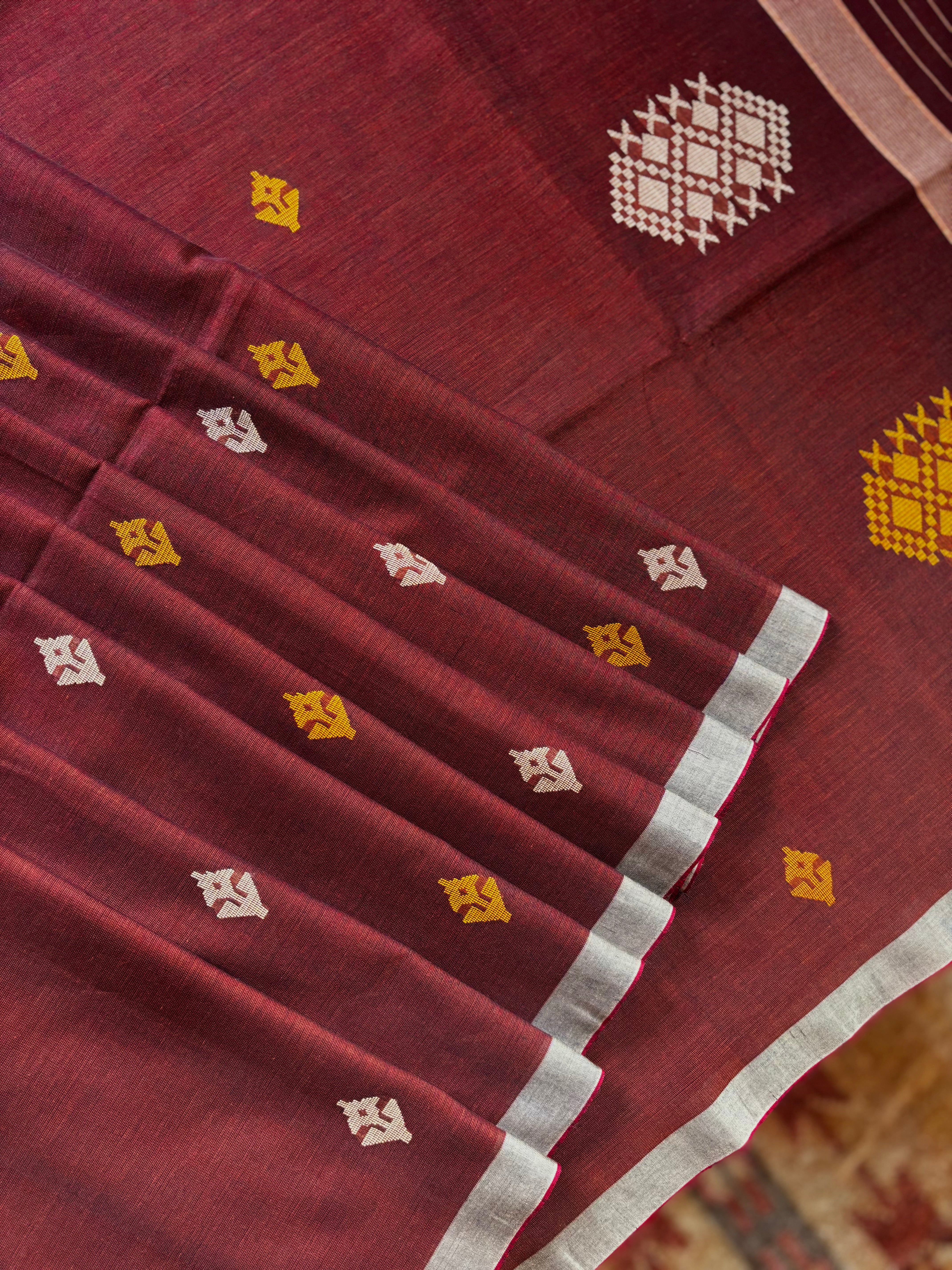 Handwoven Rust Colour Cotton Jamdani Saree