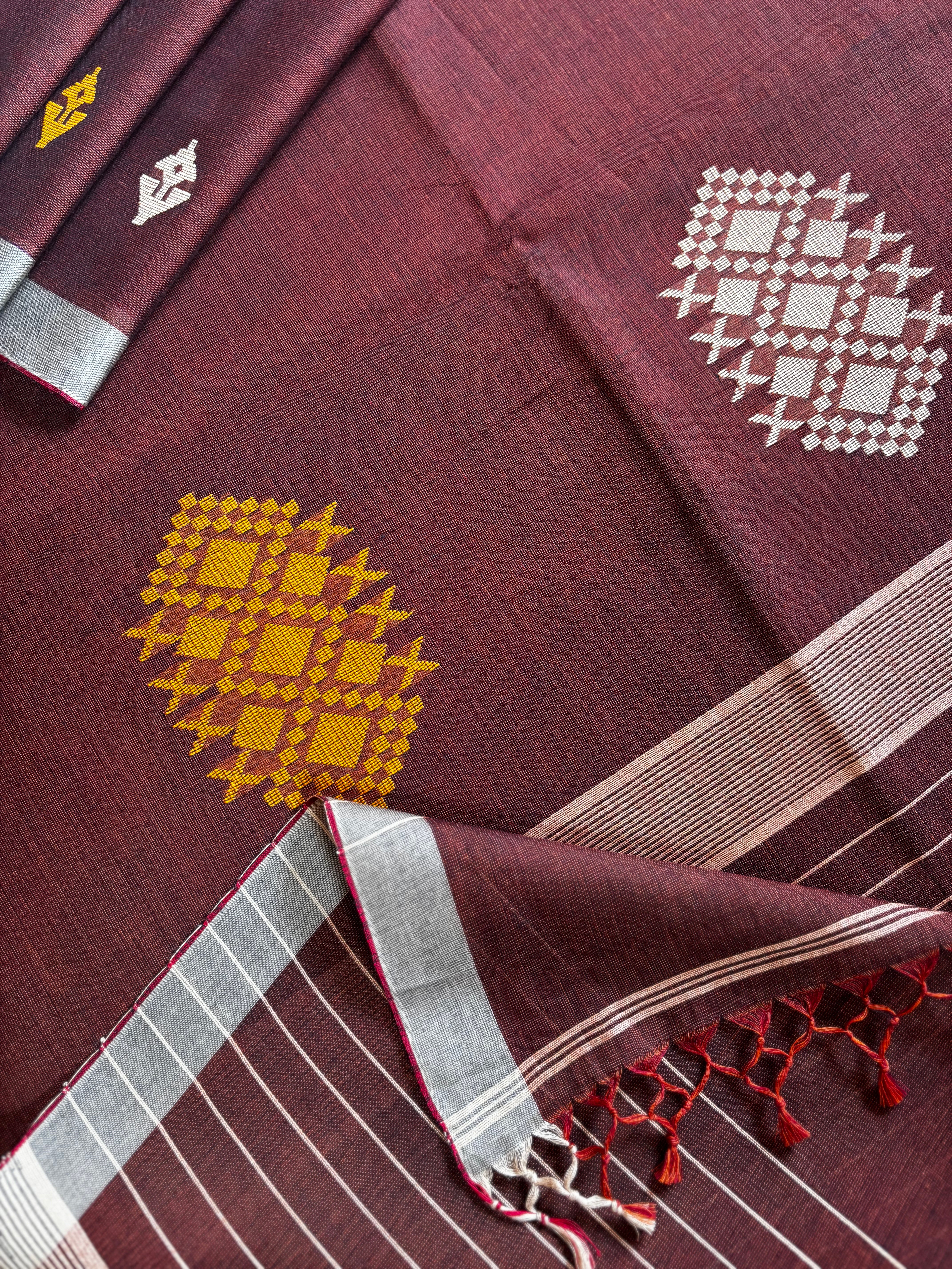 Handwoven Rust Colour Cotton Jamdani Saree