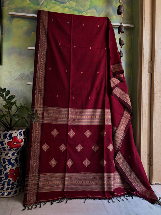 Handwoven Maroon Phulia Cotton Saree