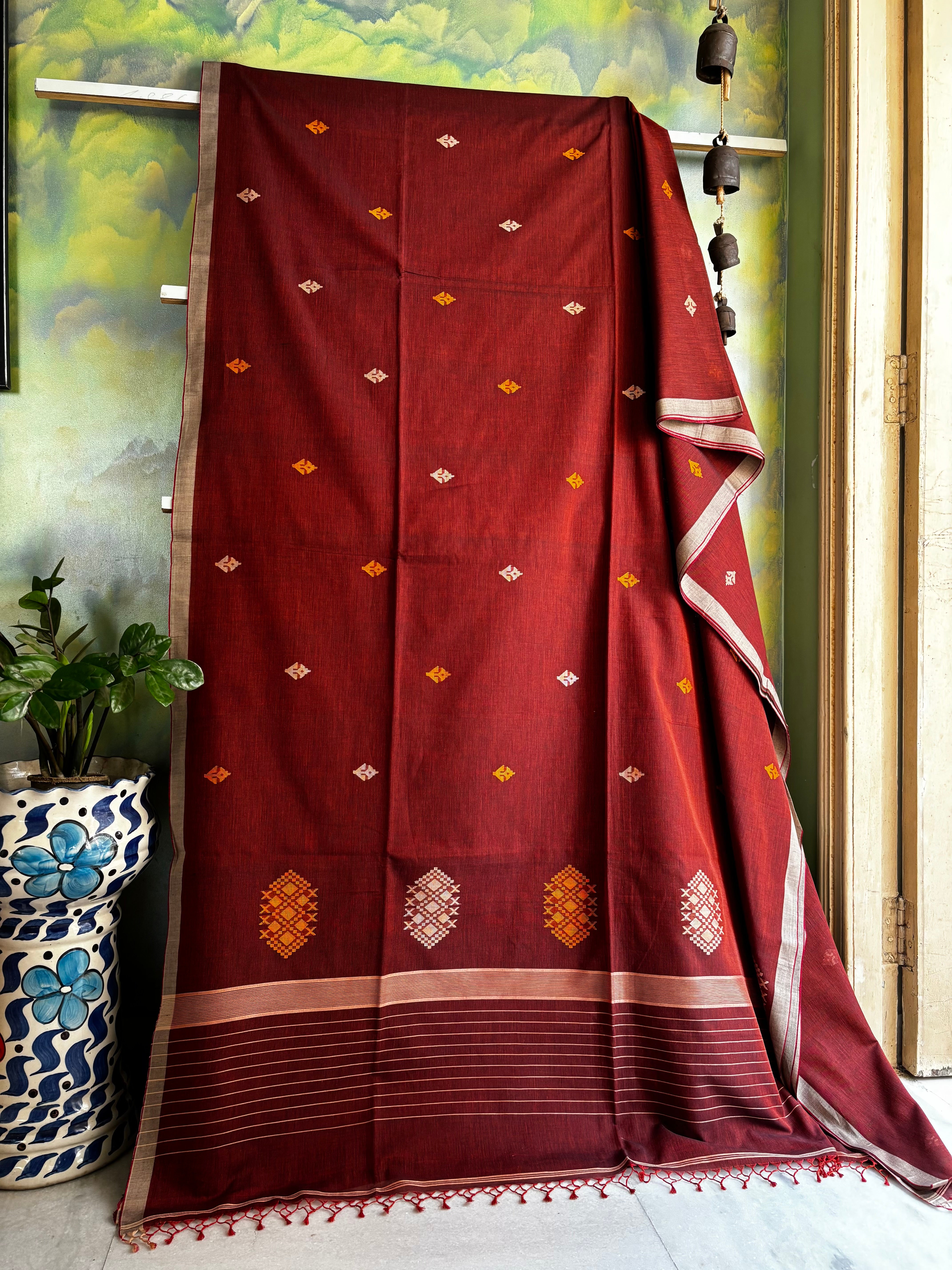 Handwoven Rust Colour Cotton Jamdani Saree
