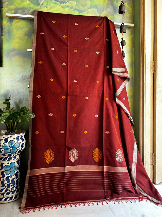Handwoven Rust Colour Cotton Jamdani Saree
