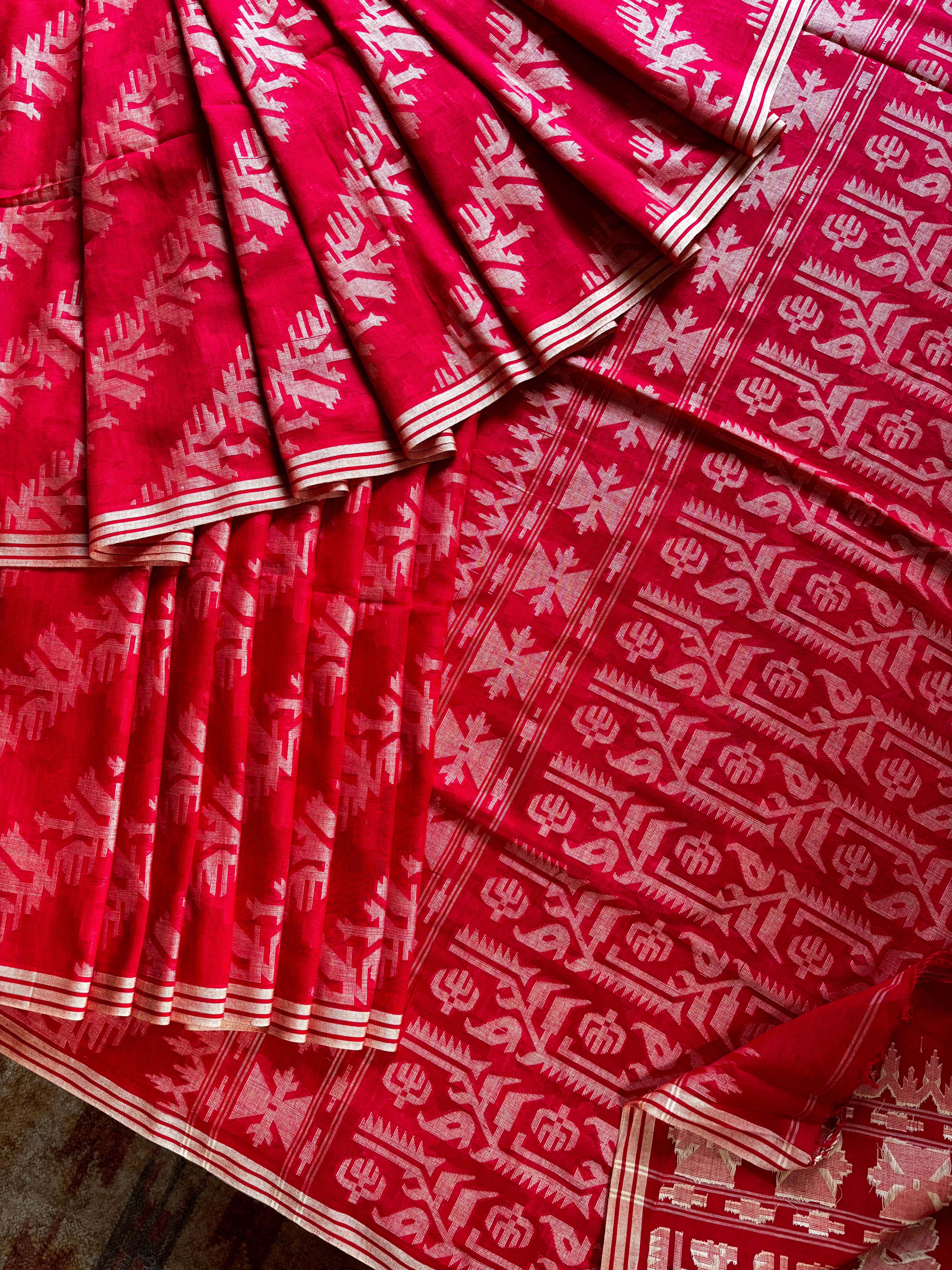 Pure Cotton Red Beige Cut Work Jamdani Saree