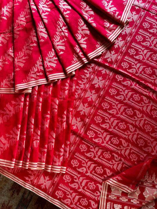 Pure Cotton Red Beige Cut Work Jamdani Saree