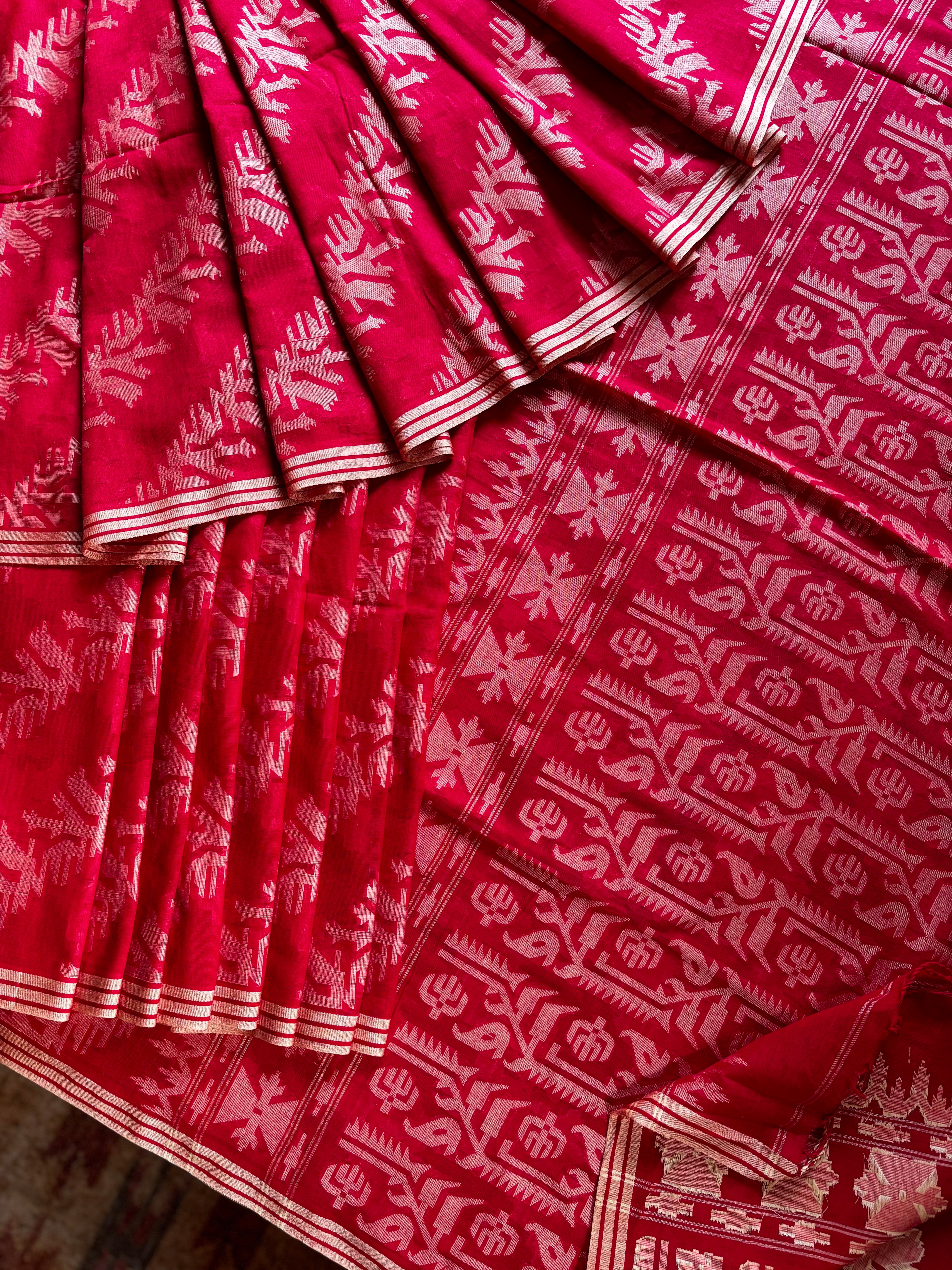 Pure Cotton Red Beige Cut Work Jamdani Saree