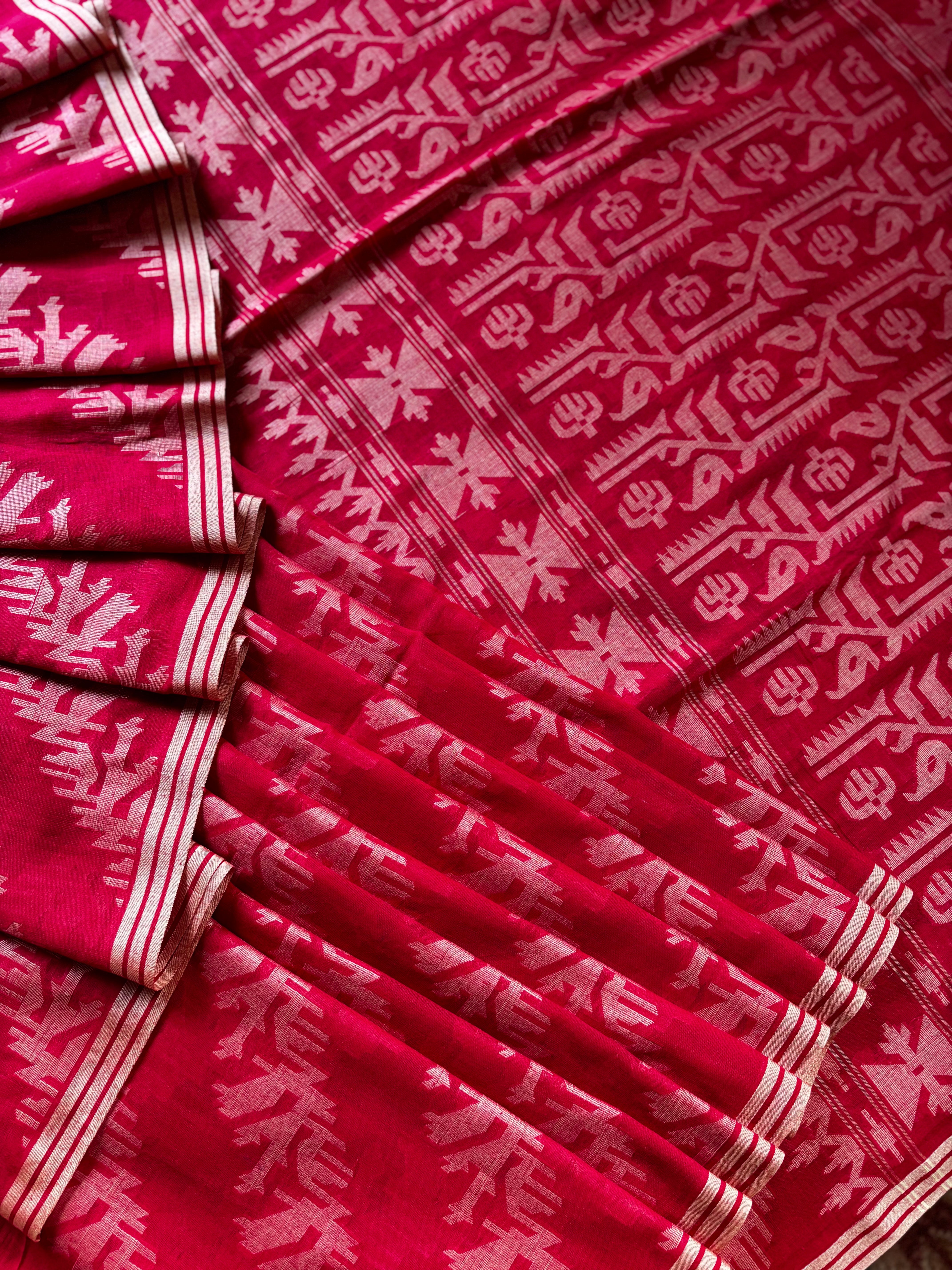 Pure Cotton Red Beige Cut Work Jamdani Saree