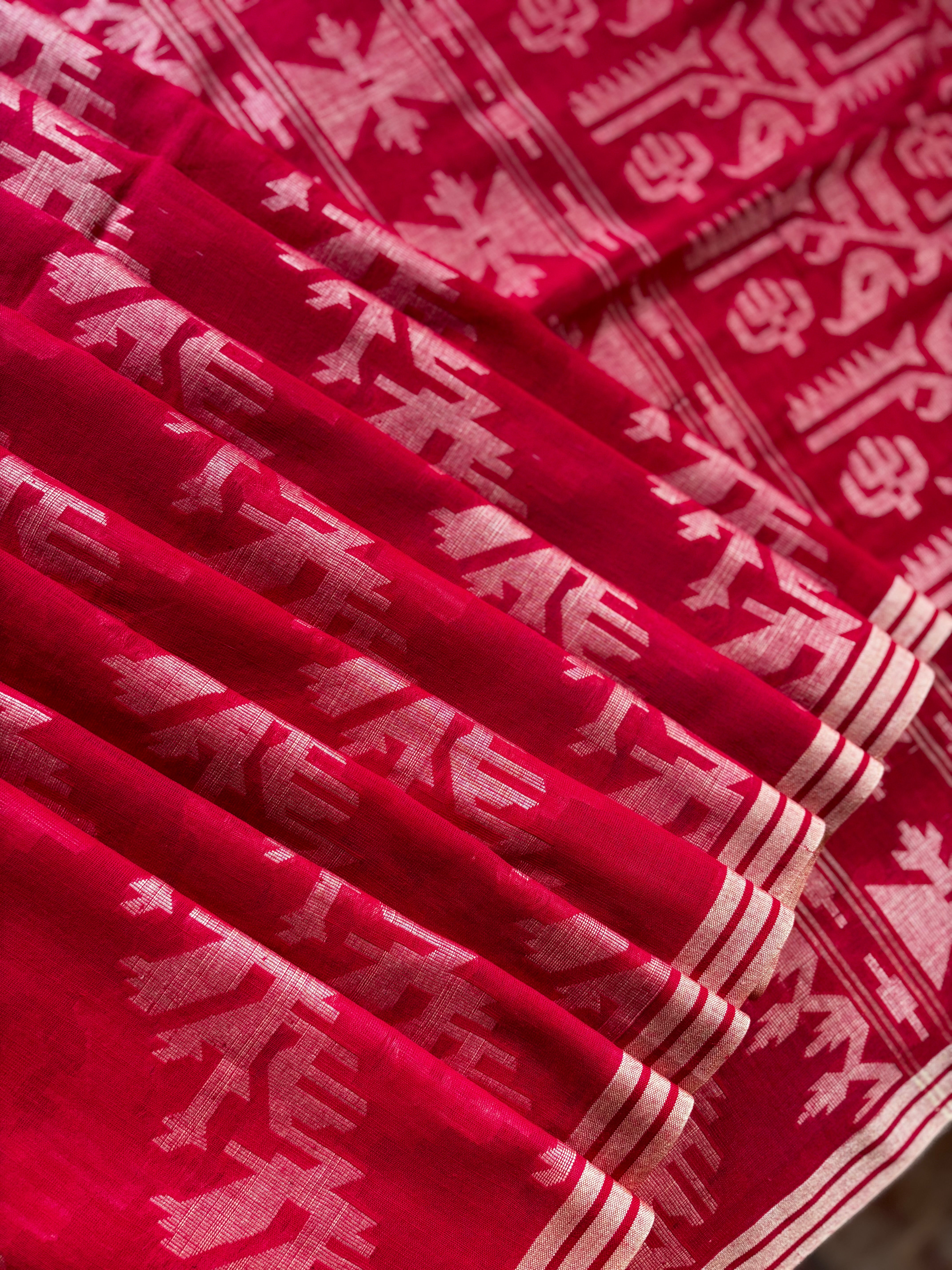 Pure Cotton Red Beige Cut Work Jamdani Saree