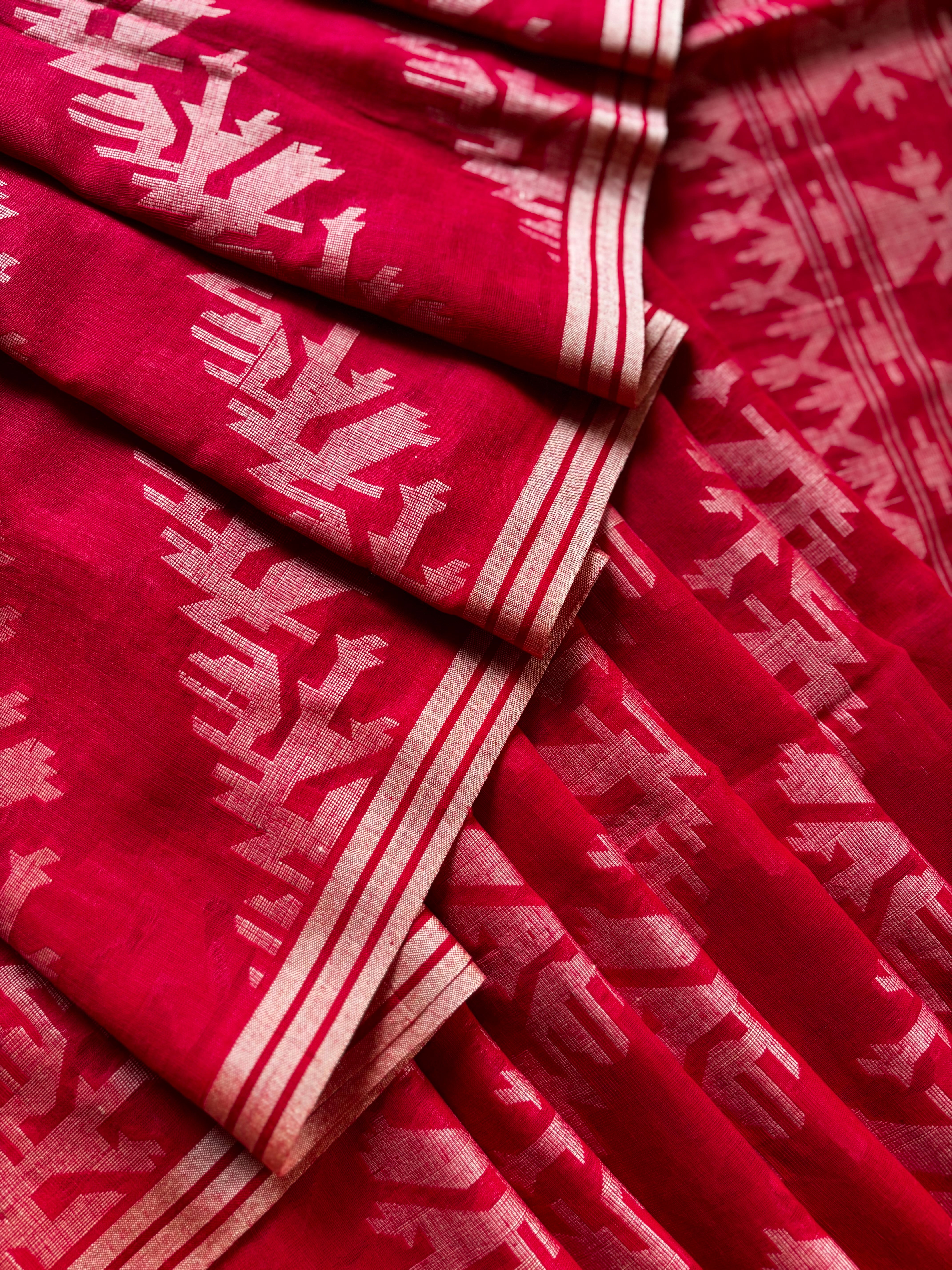 Pure Cotton Red Beige Cut Work Jamdani Saree