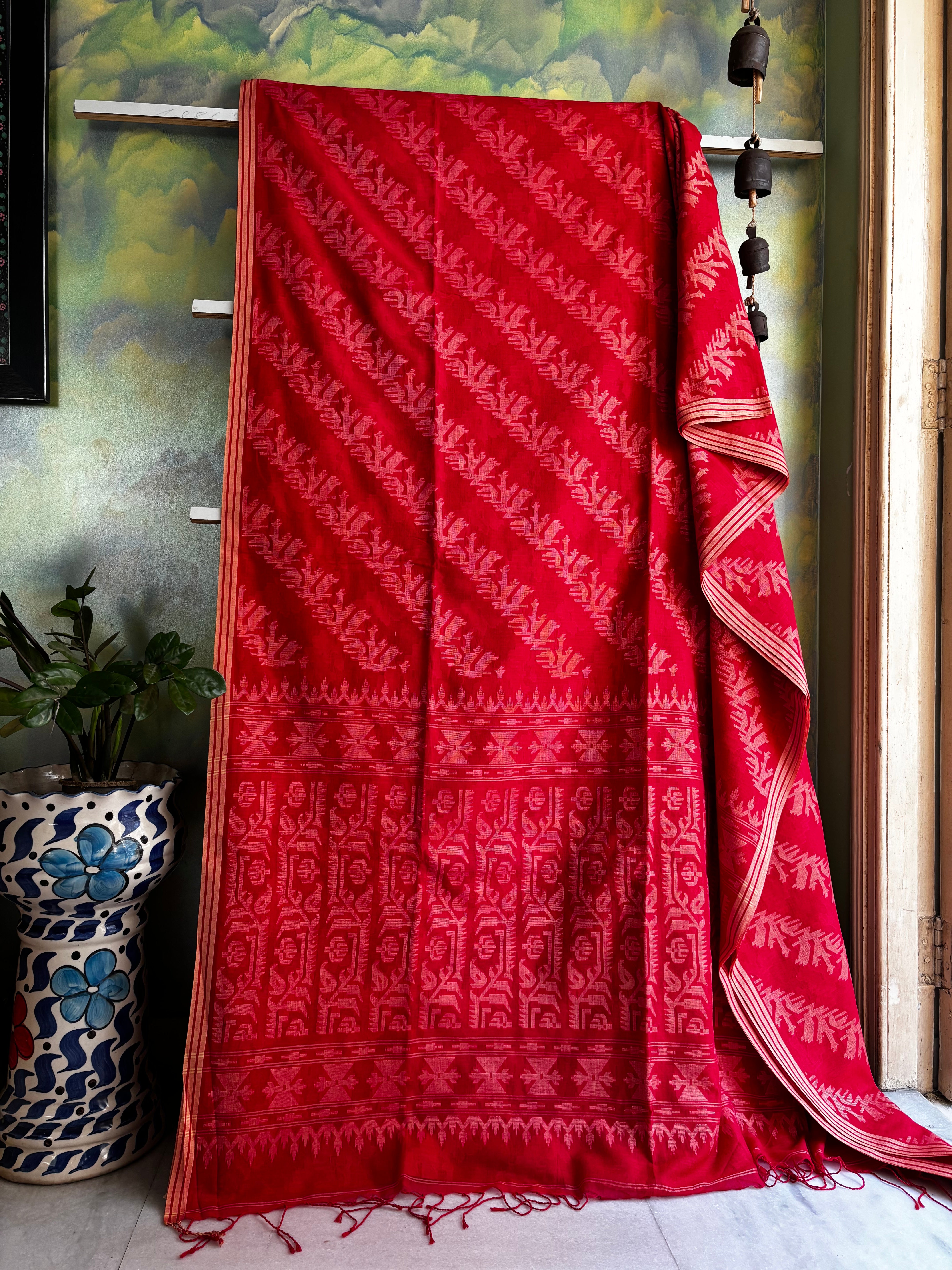 Pure Cotton Red Beige Cut Work Jamdani Saree