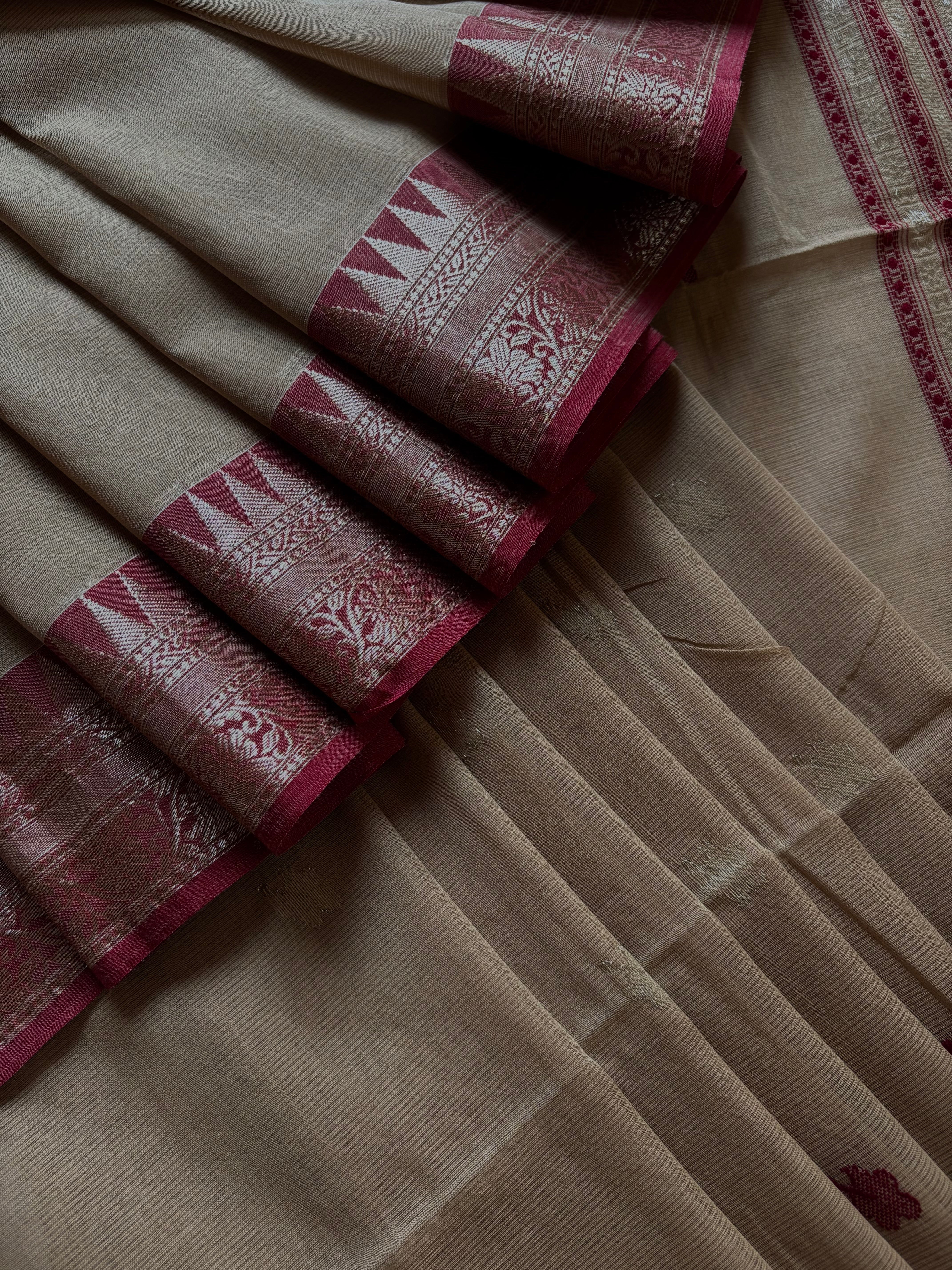 Handwoven Beige Maroon Phulia Cotton Saree