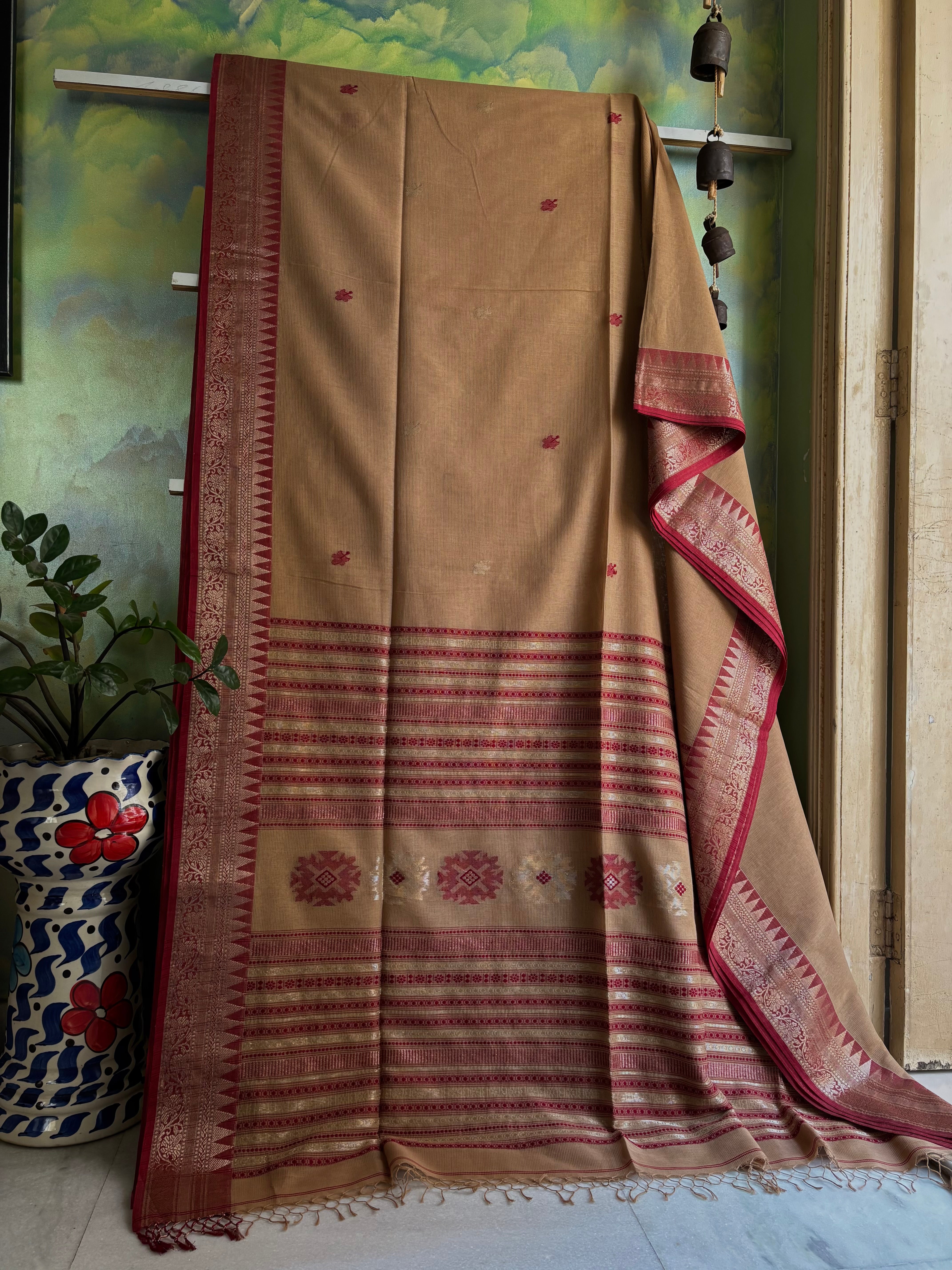 Handwoven Beige Maroon Phulia Cotton Saree