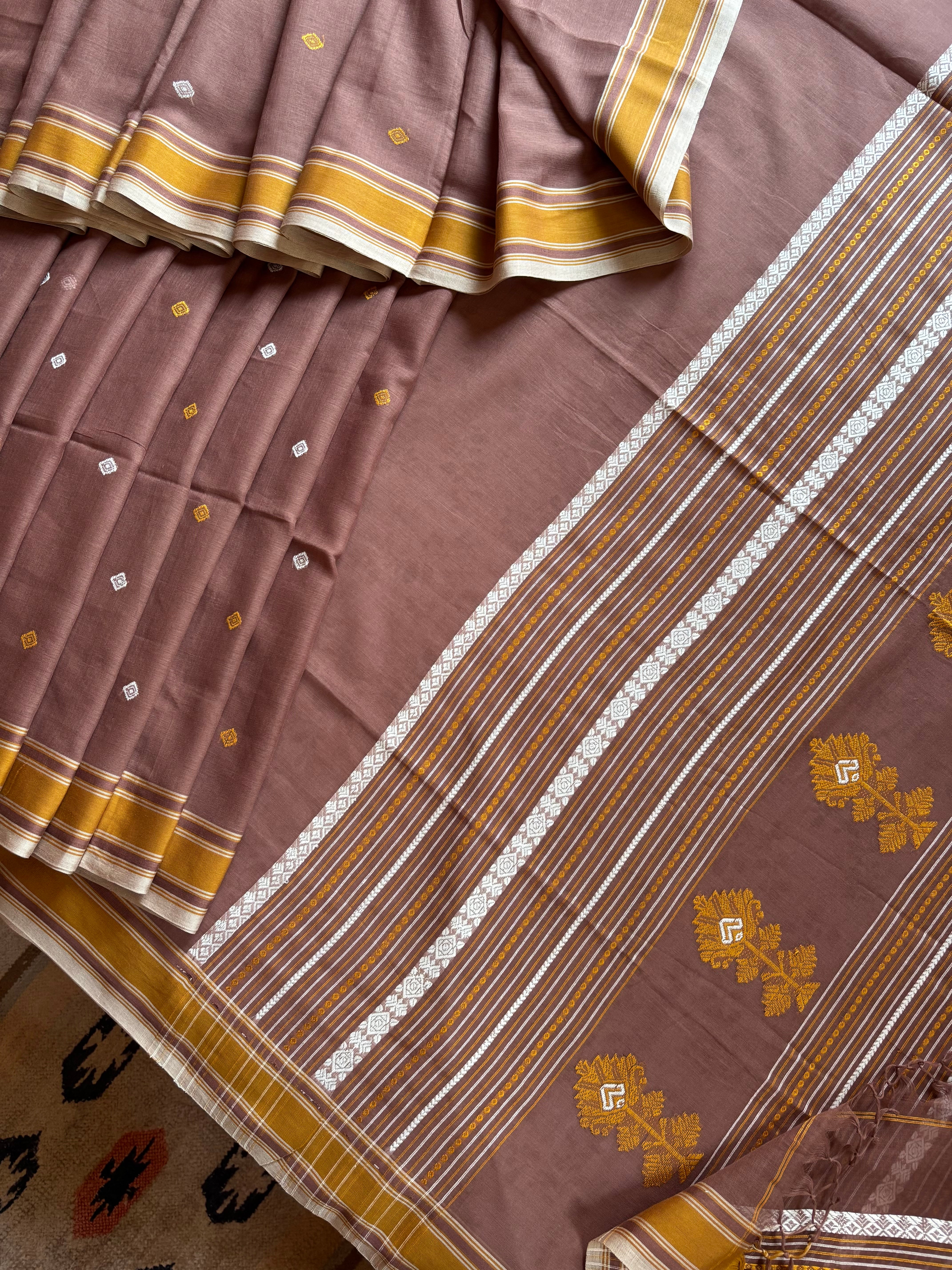 Handwoven Light Brown Phulia Cotton Saree