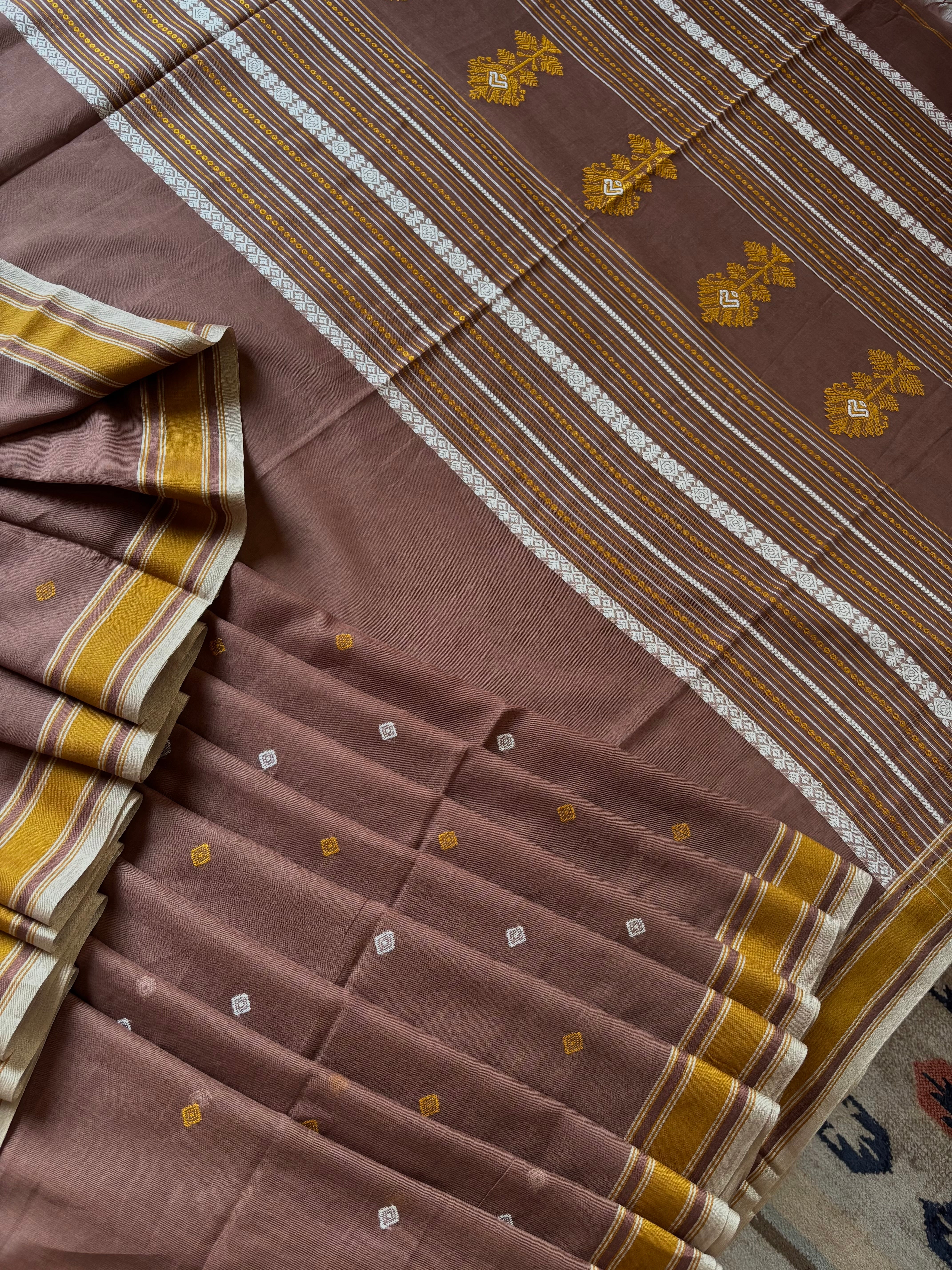 Handwoven Light Brown Phulia Cotton Saree