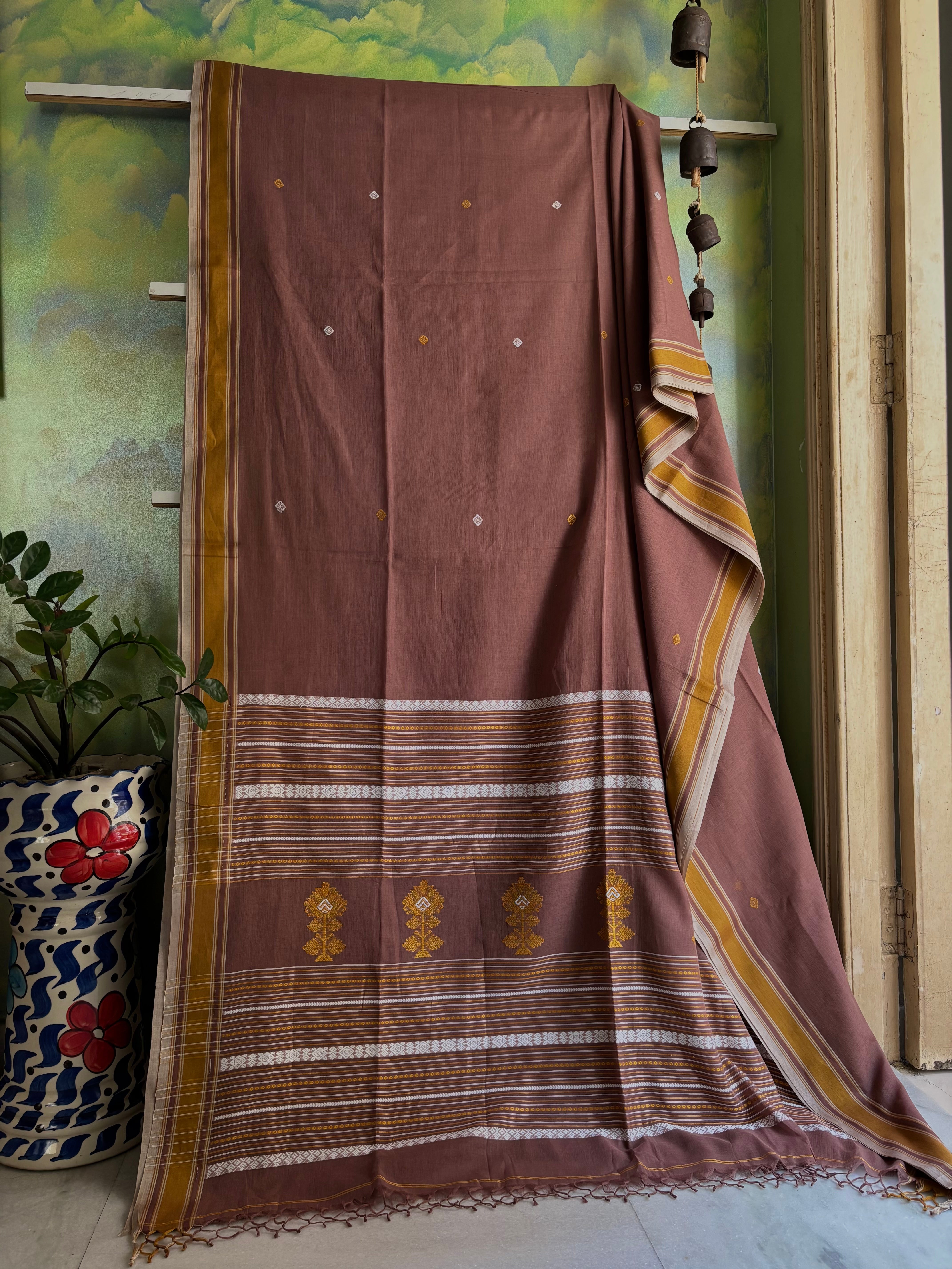 Handwoven Light Brown Phulia Cotton Saree