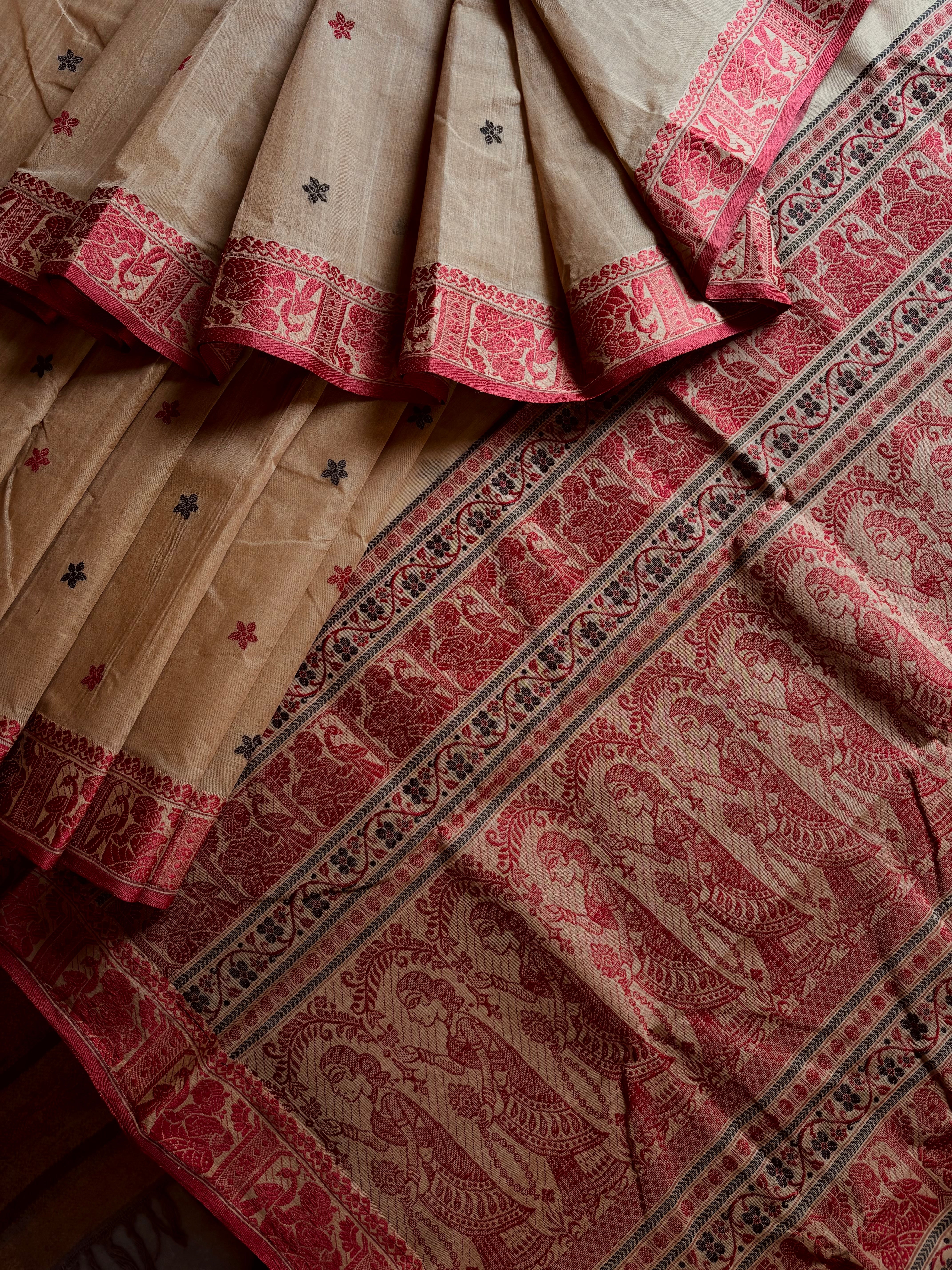 Handwoven Beige Maroon Cotton Baluchari Saree