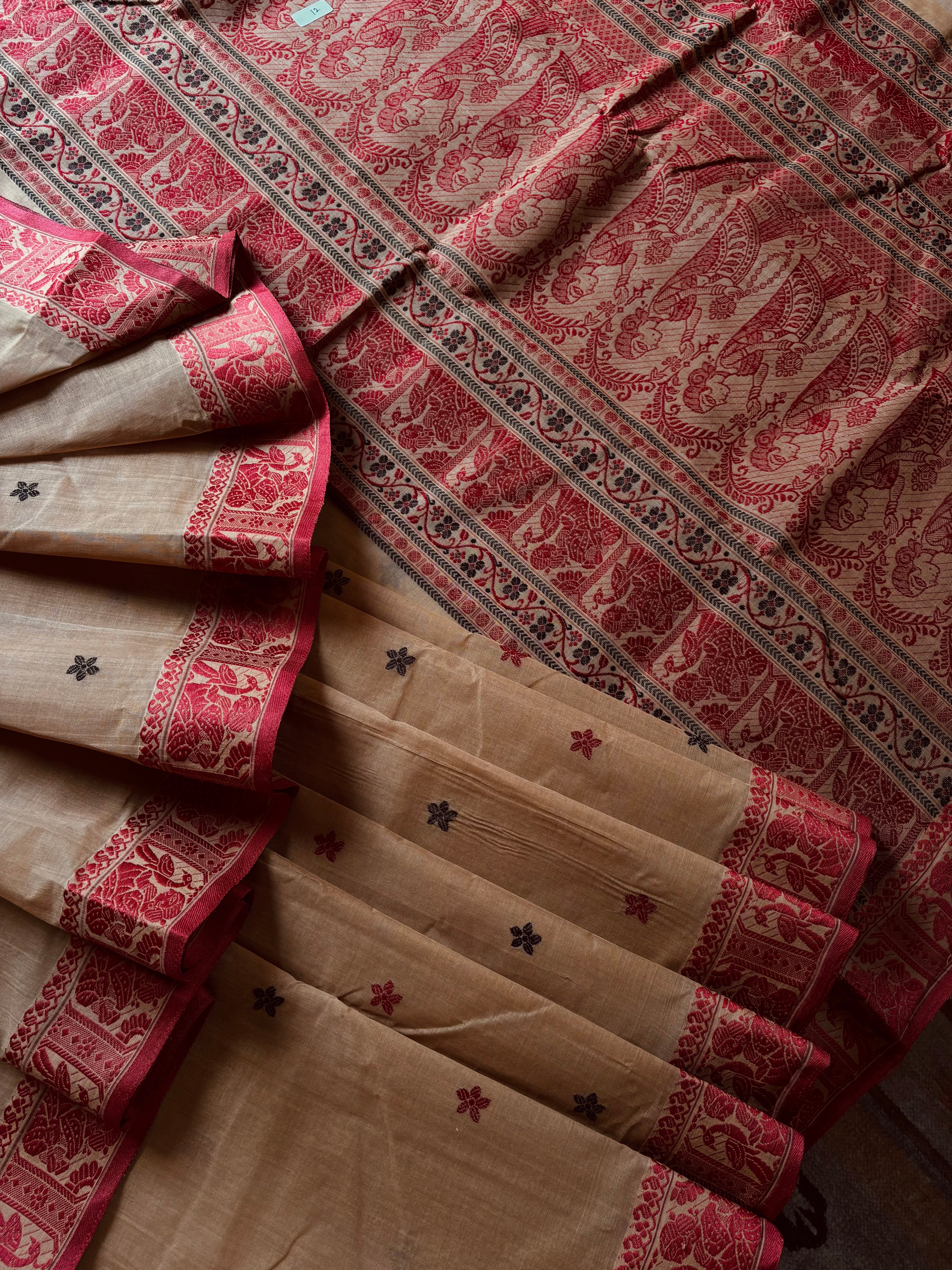 Handwoven Beige Maroon Cotton Baluchari Saree