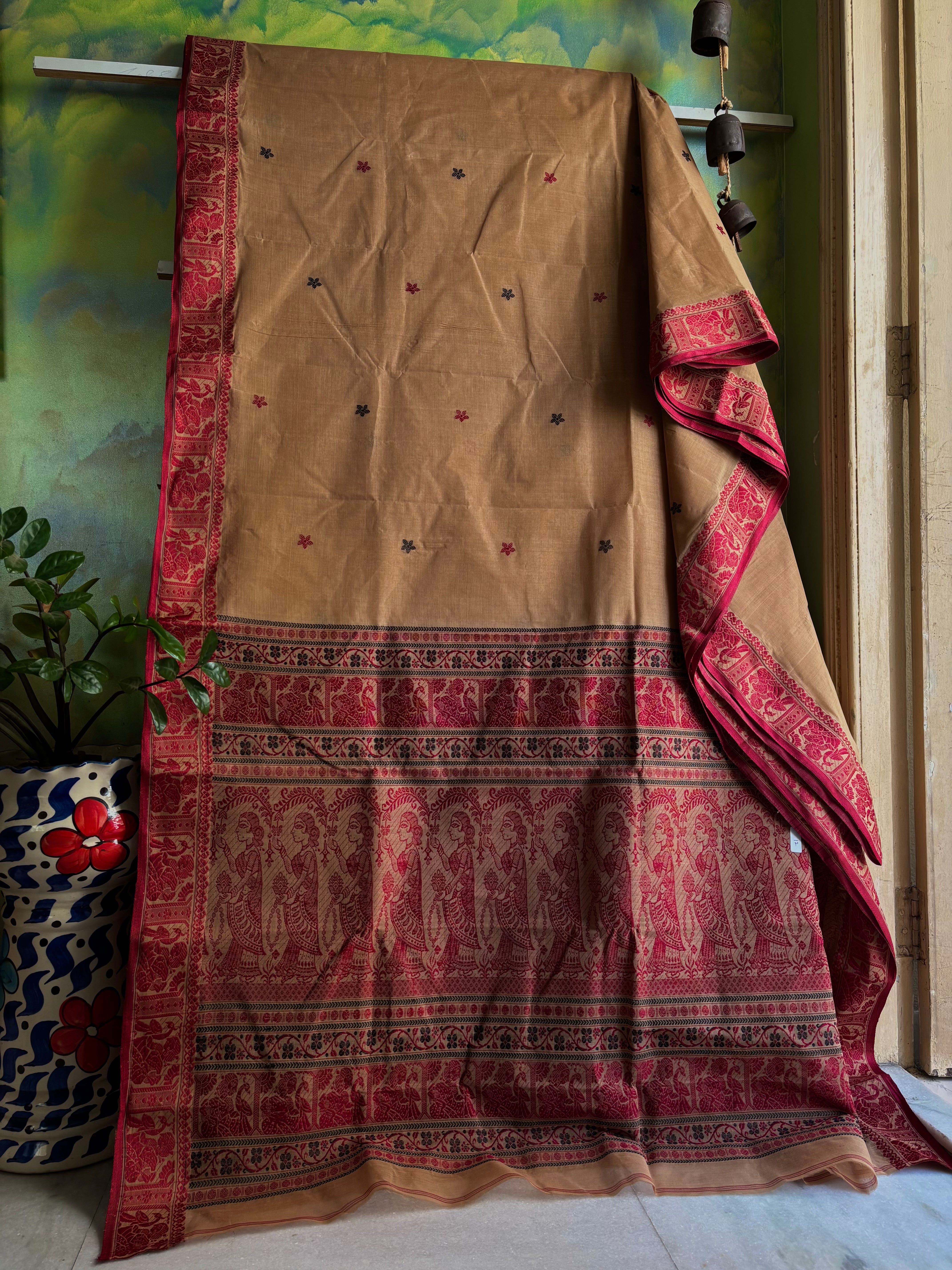 Handwoven Beige Maroon Cotton Baluchari Saree