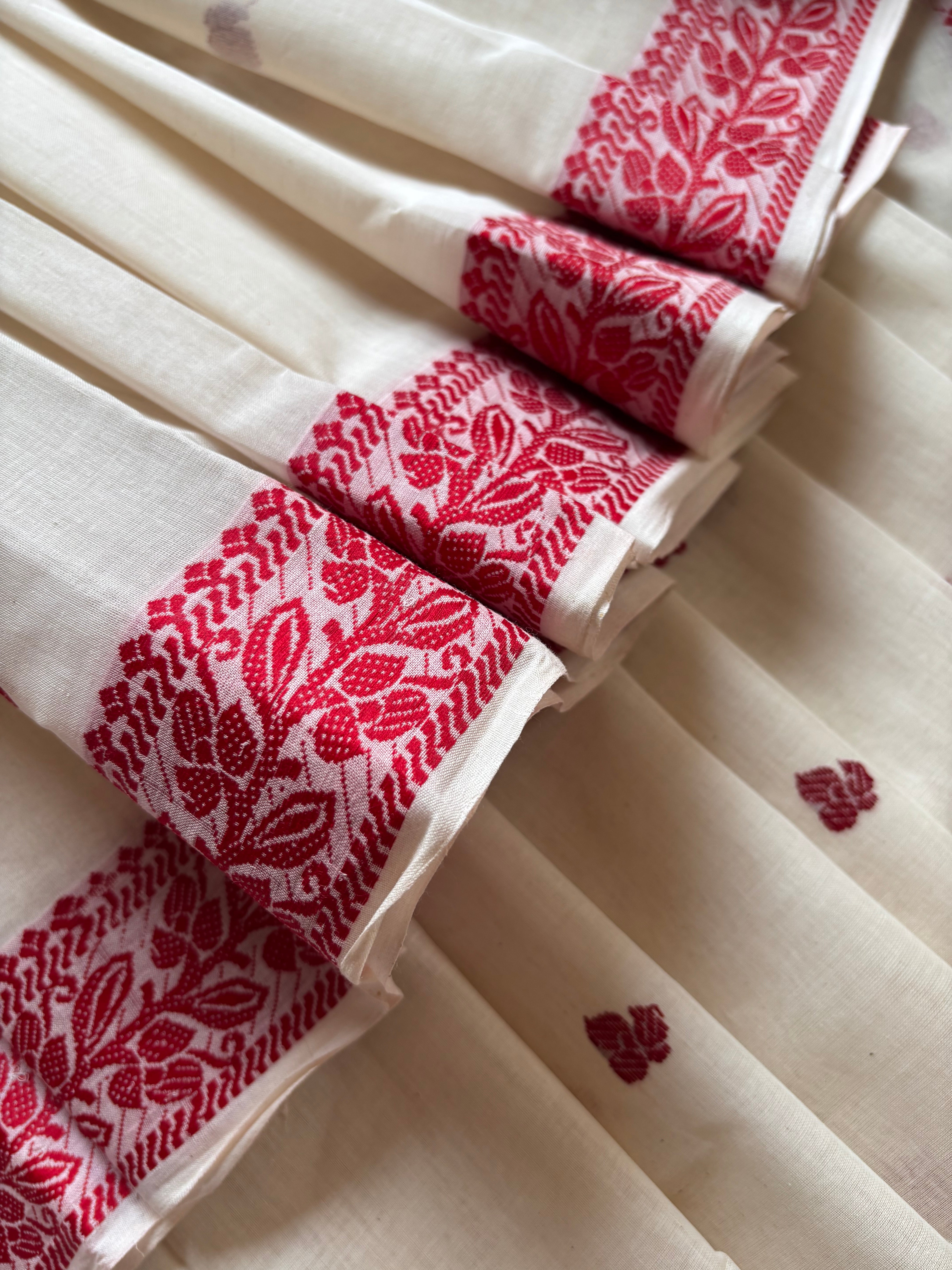 Handwoven Offwhite Red Tangail Cotton Saree