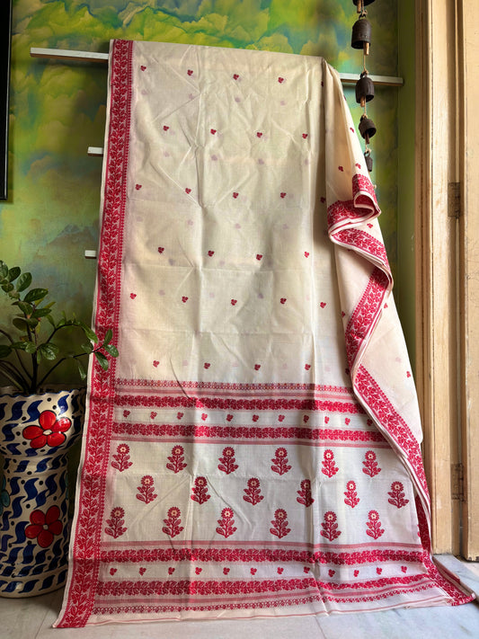 Handwoven Offwhite Red Tangail Cotton Saree