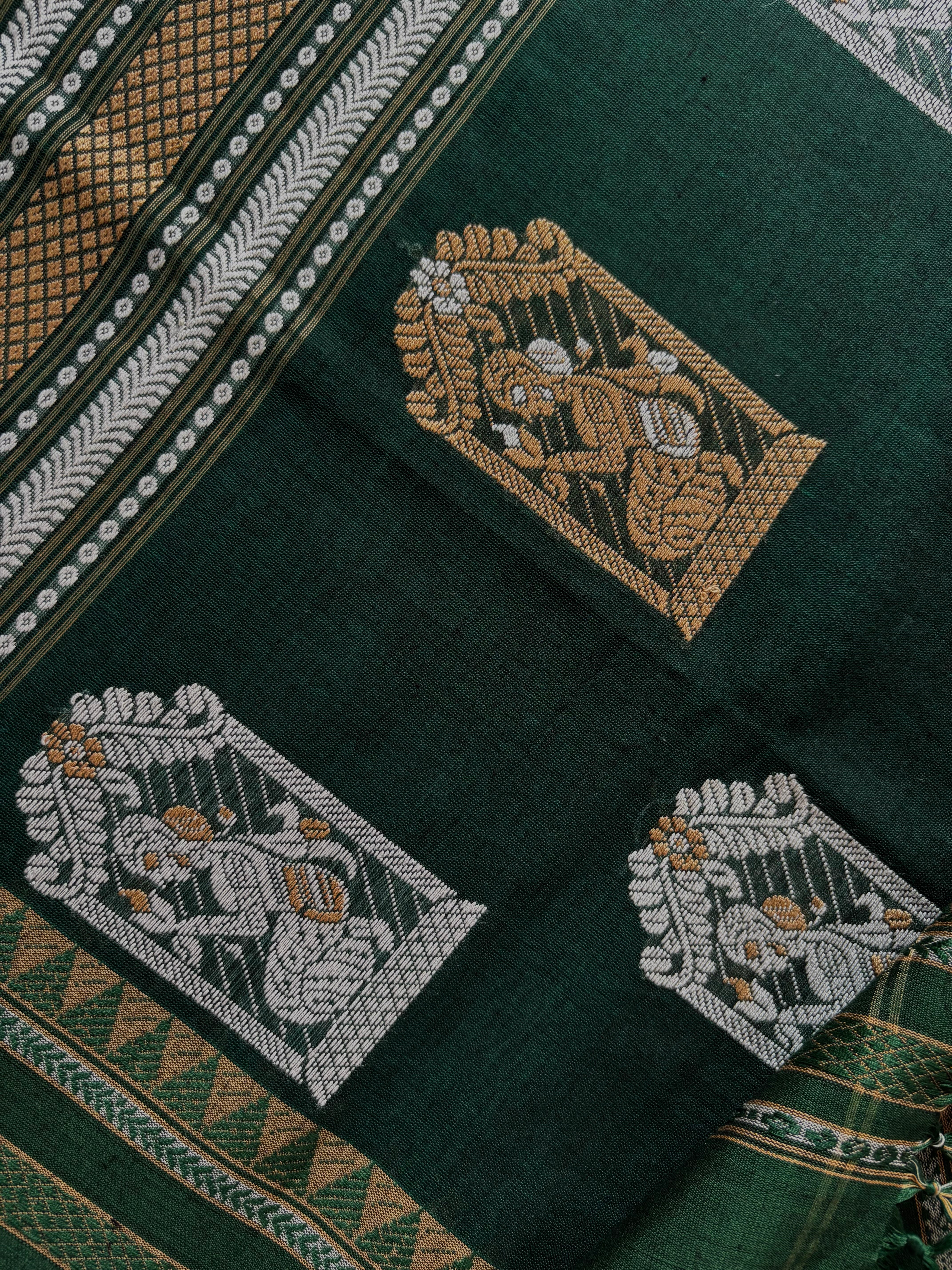 Handwoven Dark Bottle Green Phulia Cotton Saree