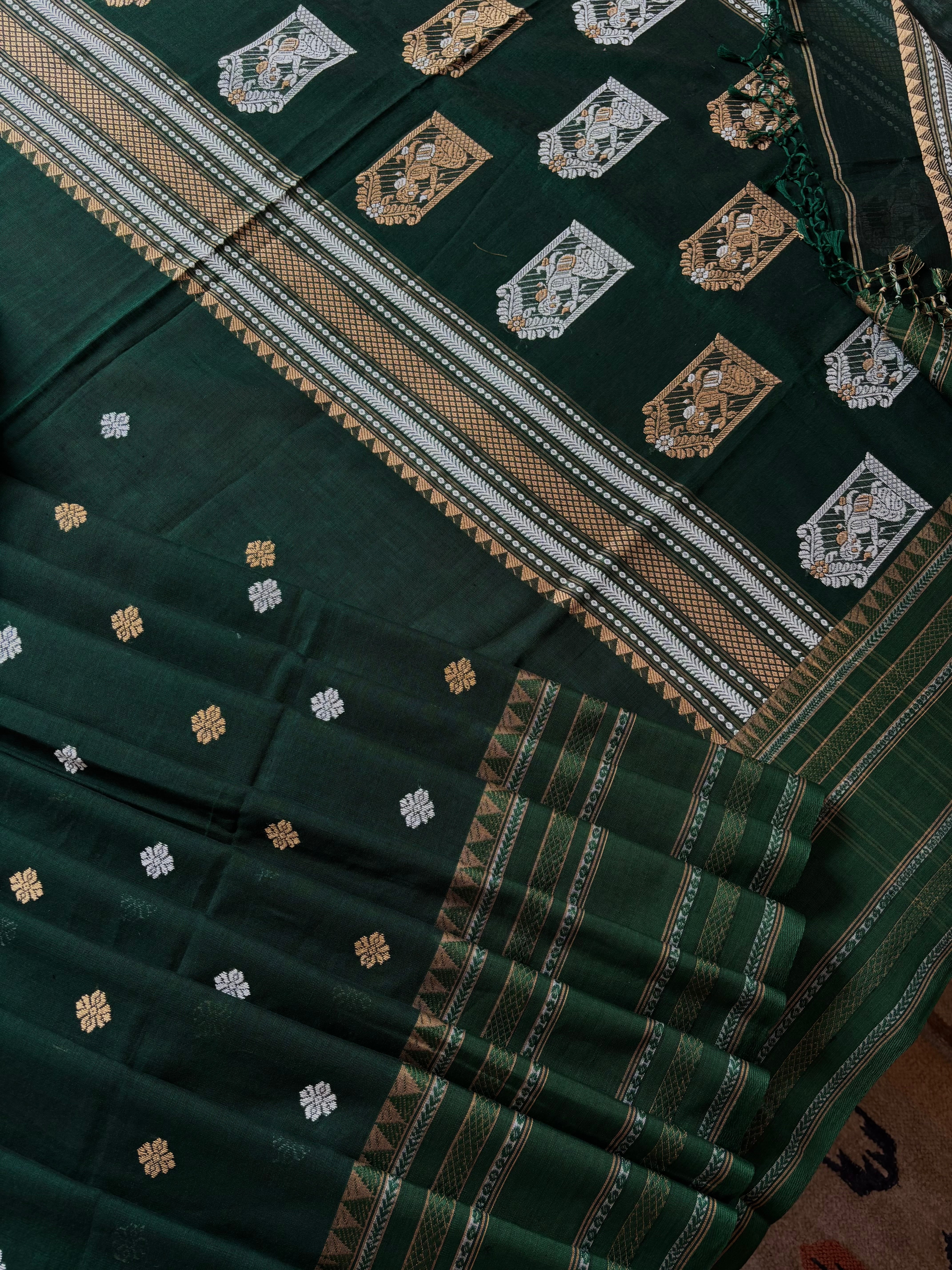 Handwoven Dark Bottle Green Phulia Cotton Saree
