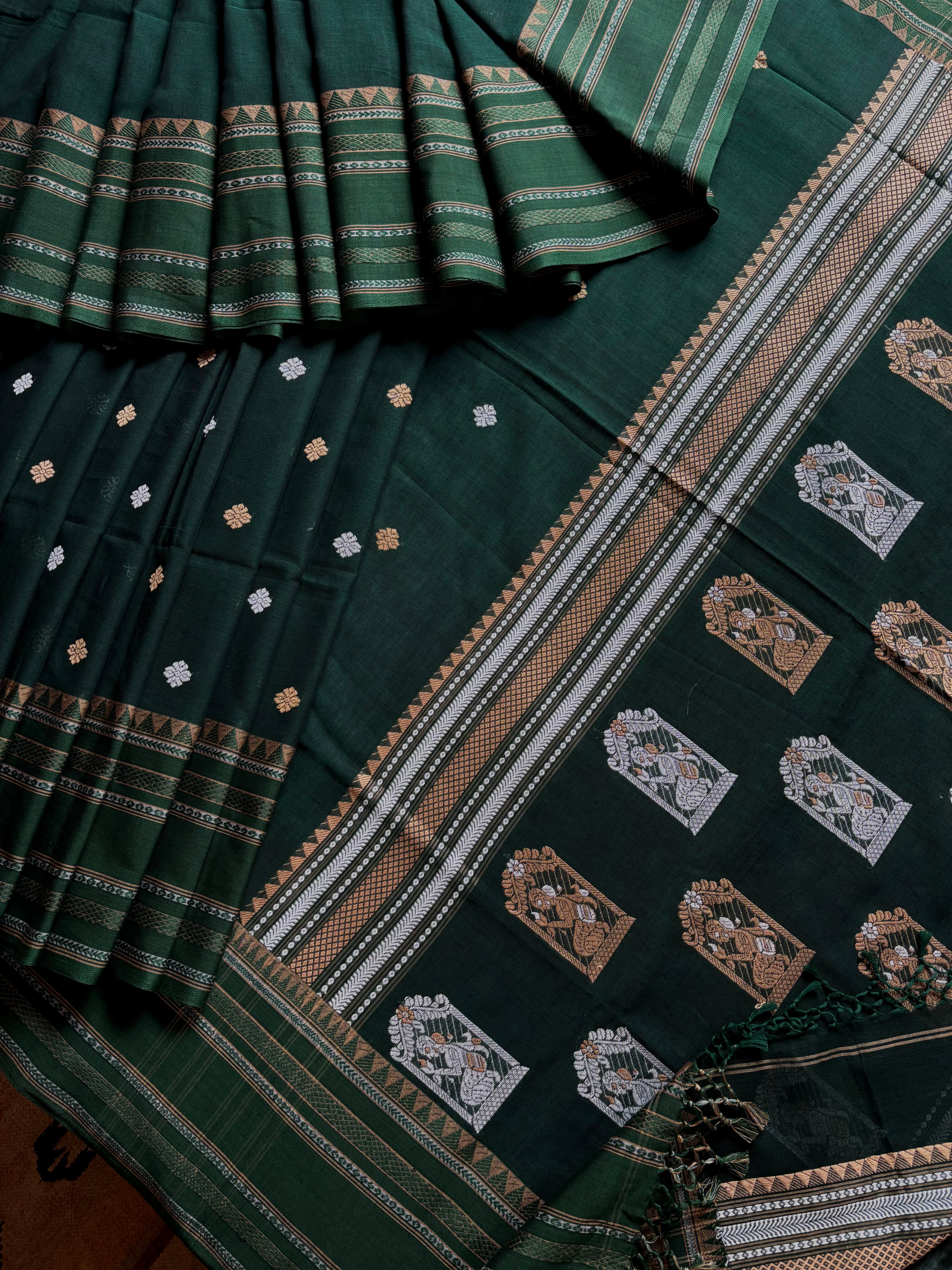 Handwoven Dark Bottle Green Phulia Cotton Saree