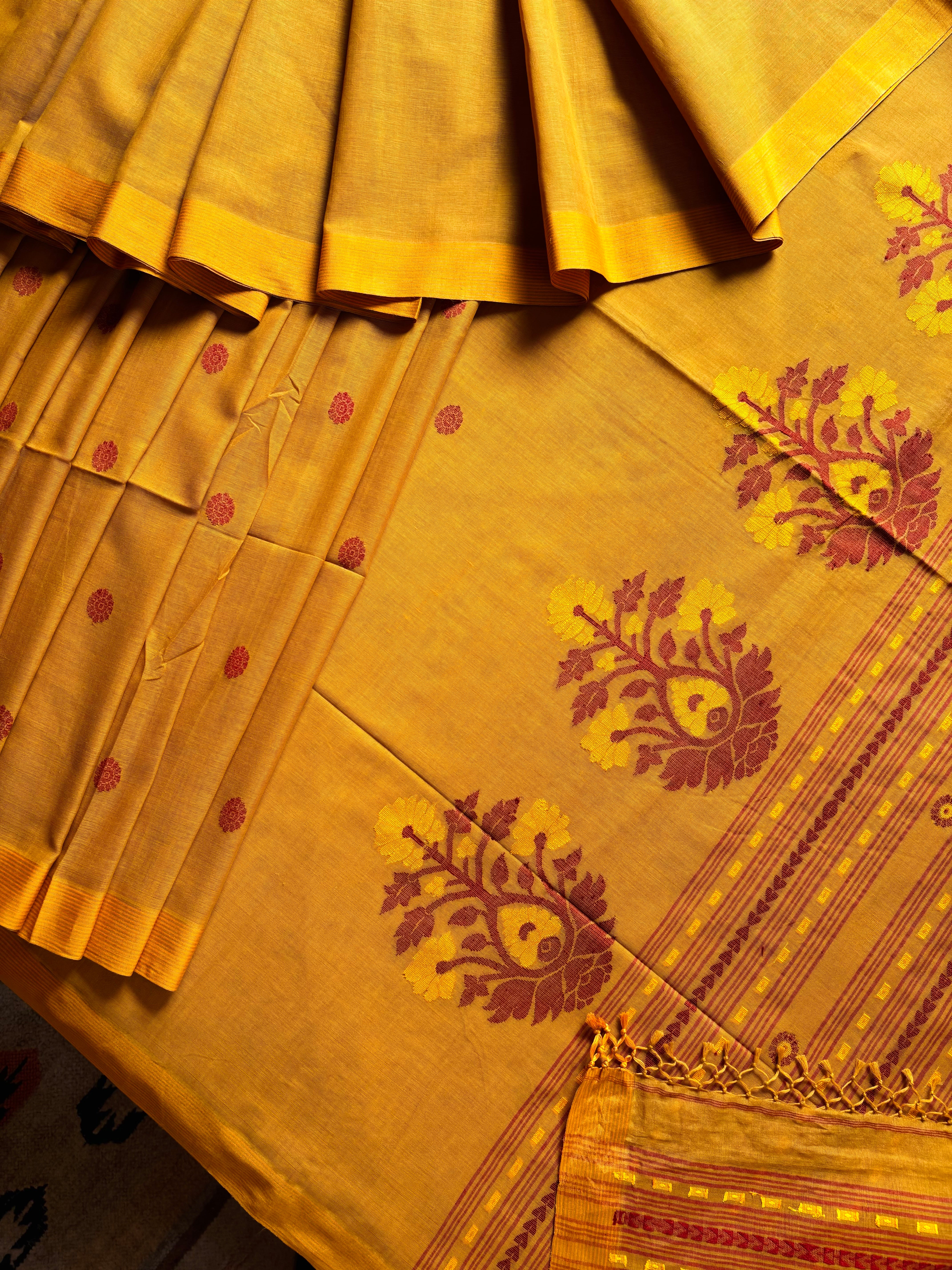 Handwoven Mustard Colour Cotton Jamdani Saree