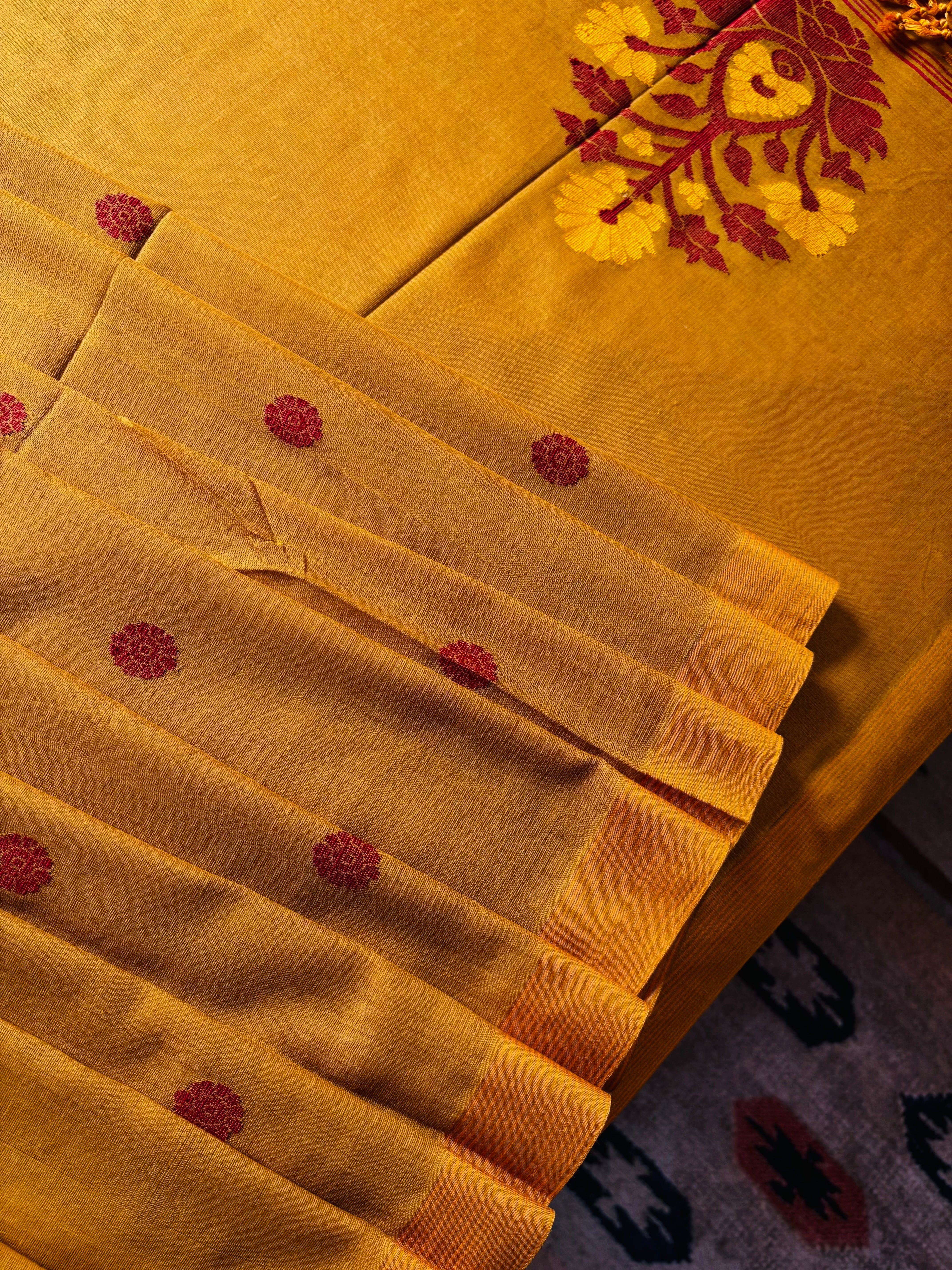 Handwoven Mustard Colour Cotton Jamdani Saree