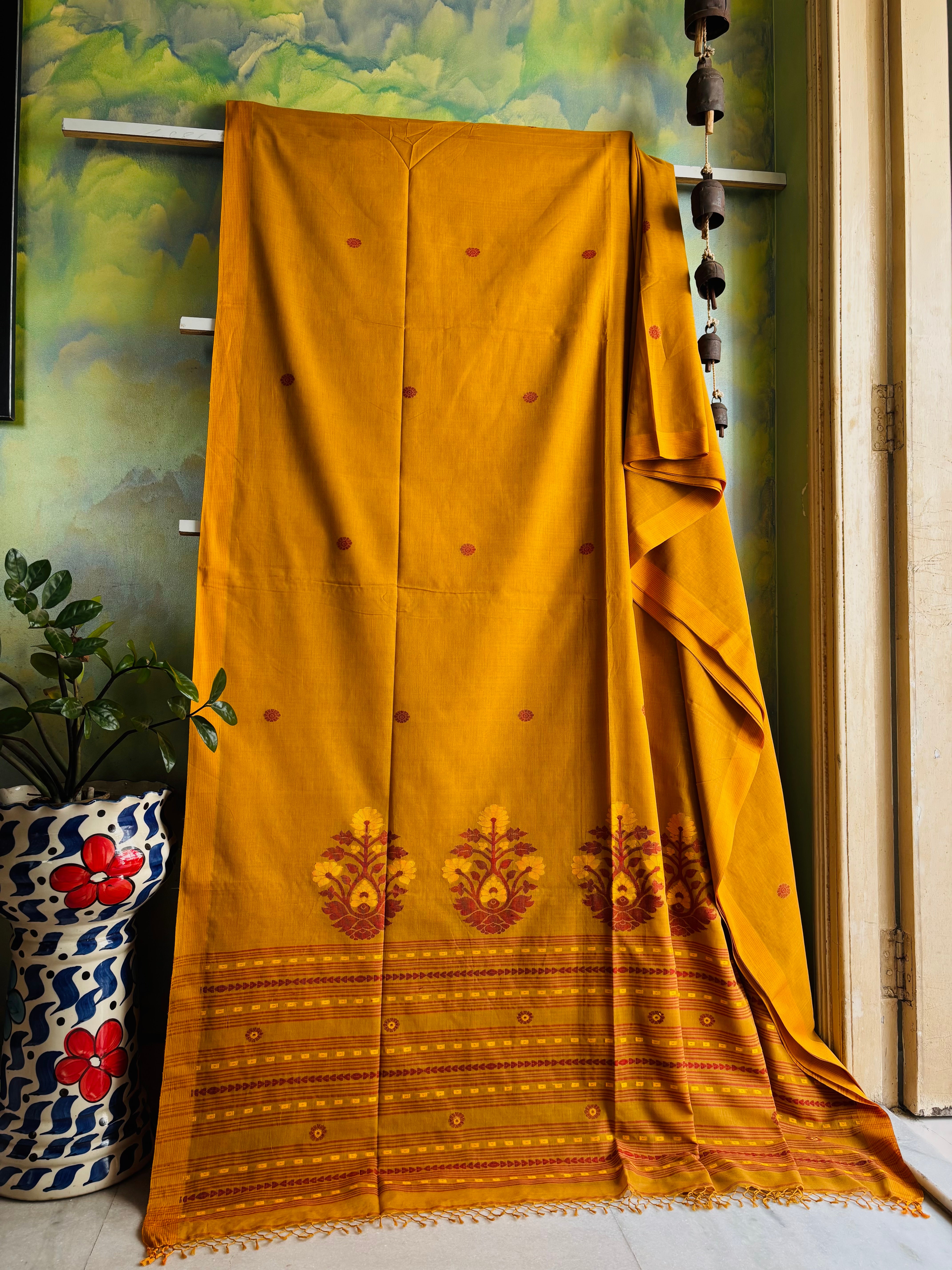 Handwoven Mustard Colour Cotton Jamdani Saree