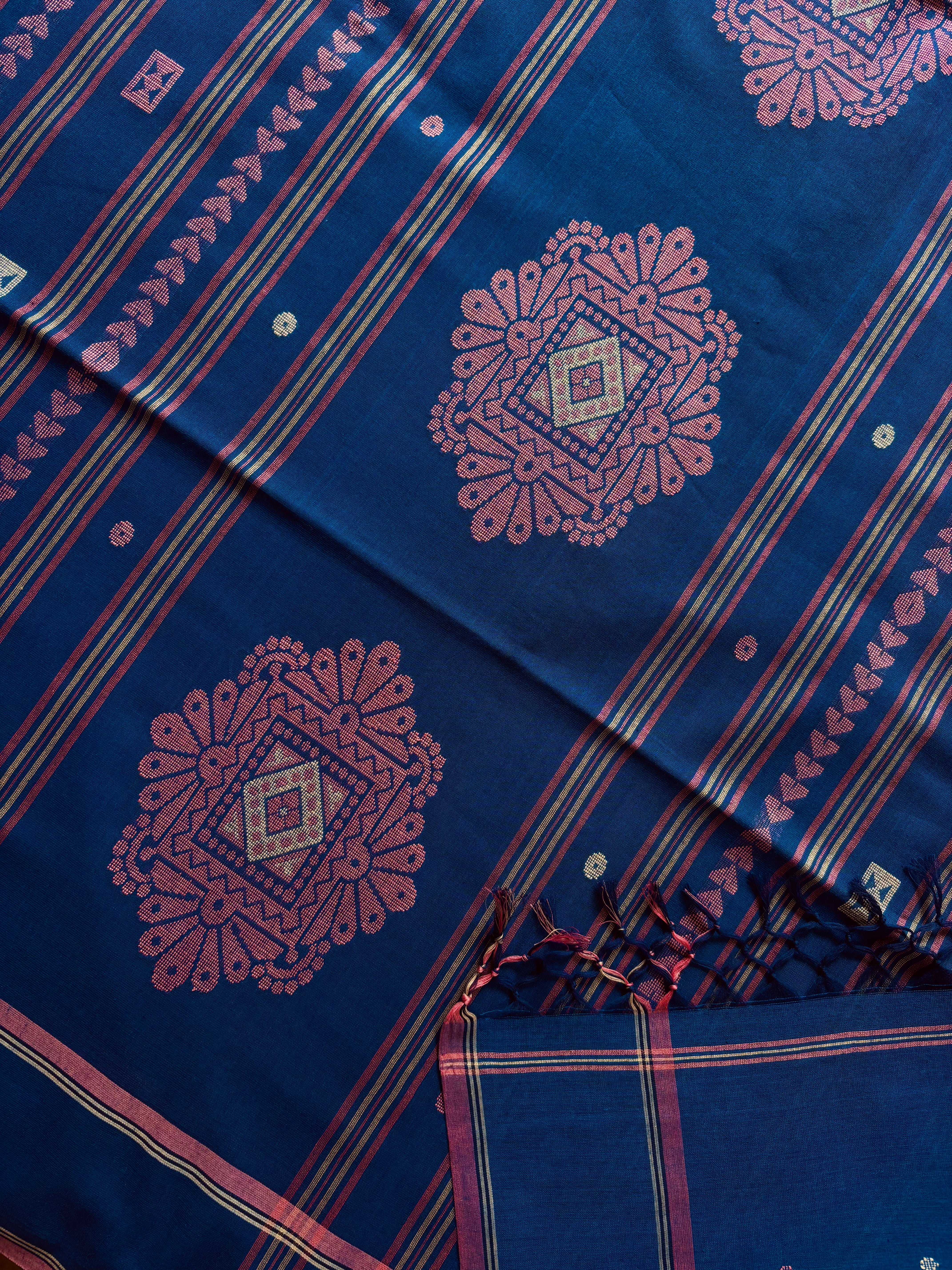Handwoven Royal Blue Cotton Jamdani Saree
