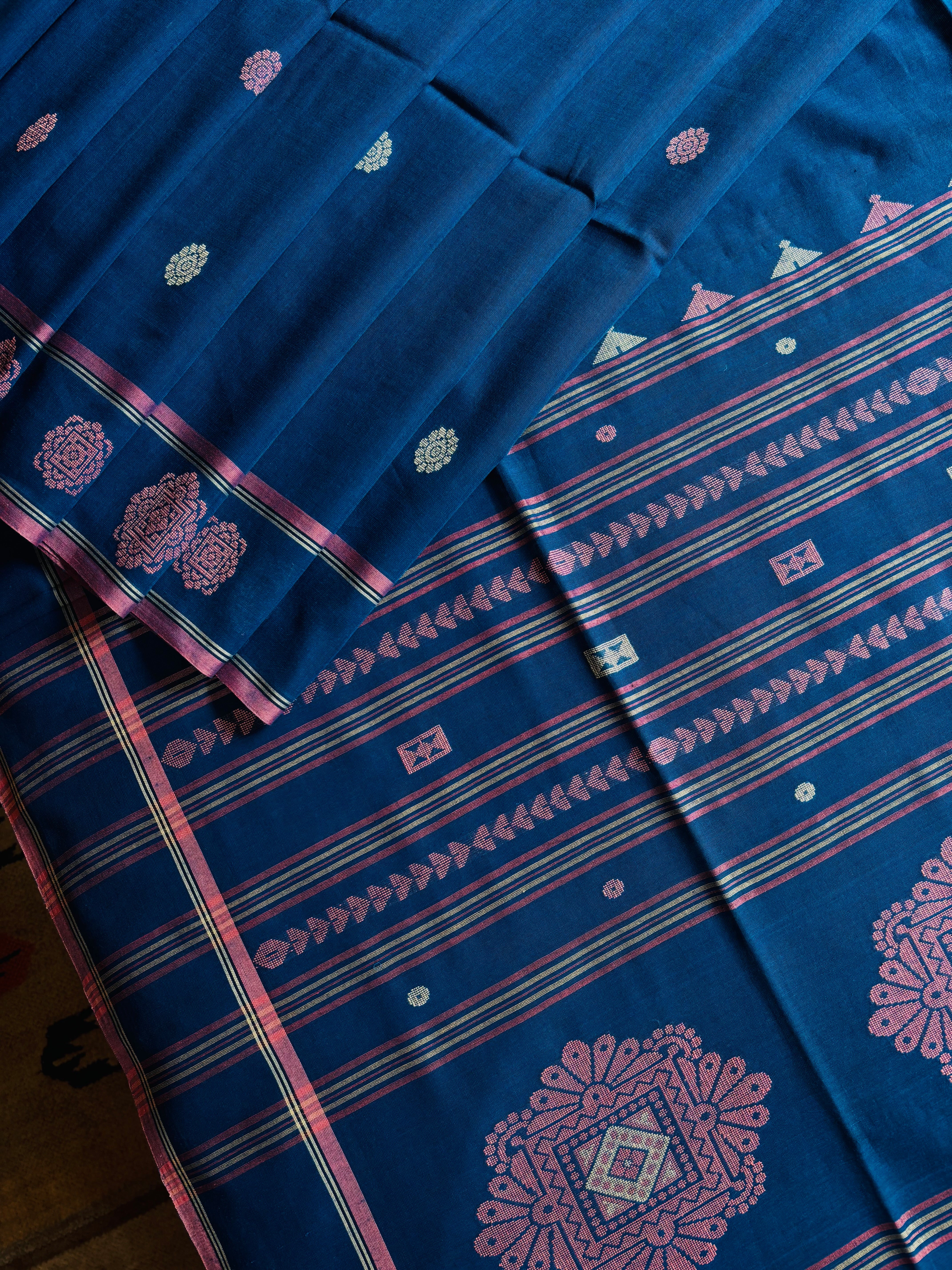 Handwoven Royal Blue Cotton Jamdani Saree