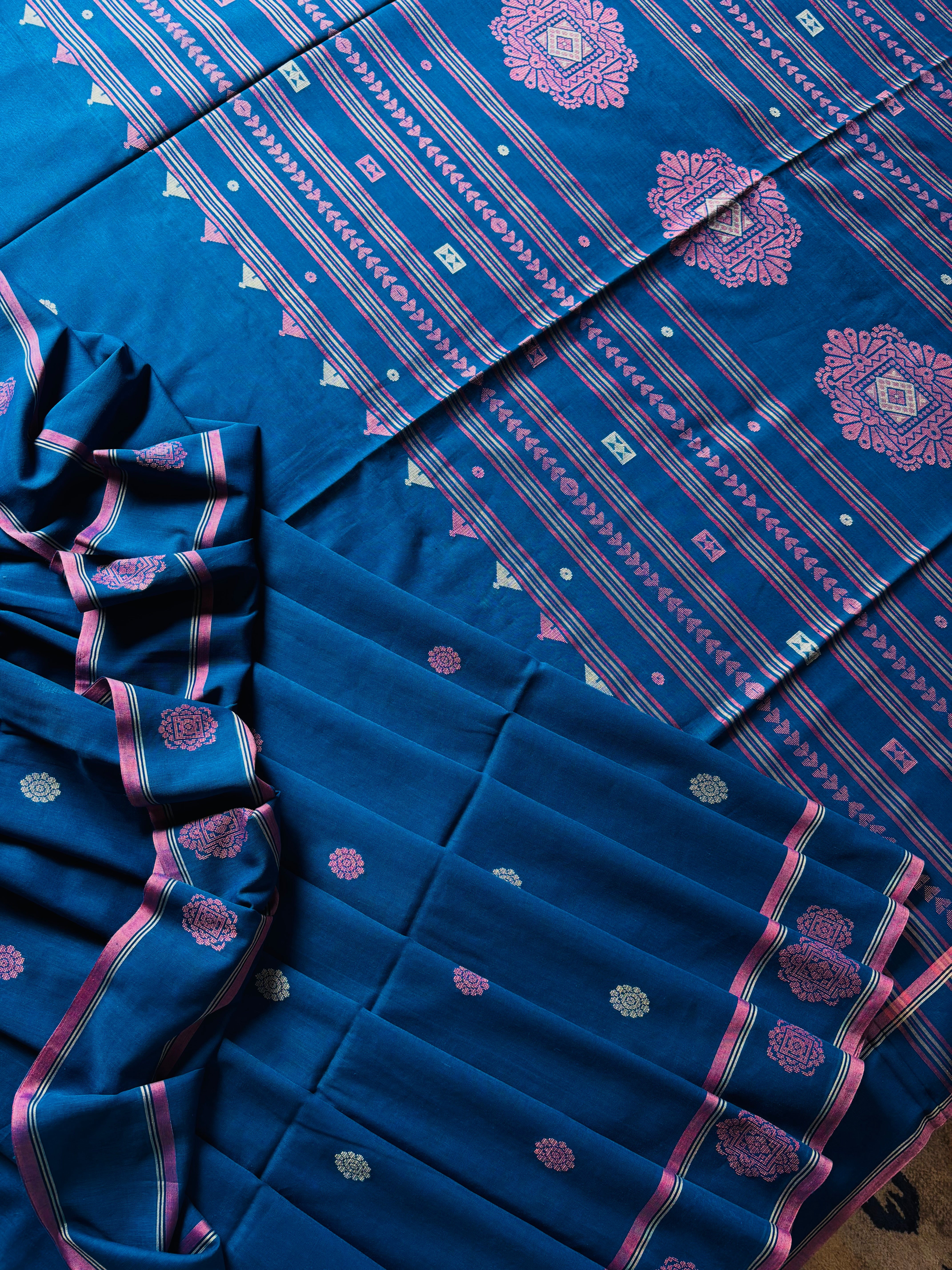 Handwoven Royal Blue Cotton Jamdani Saree