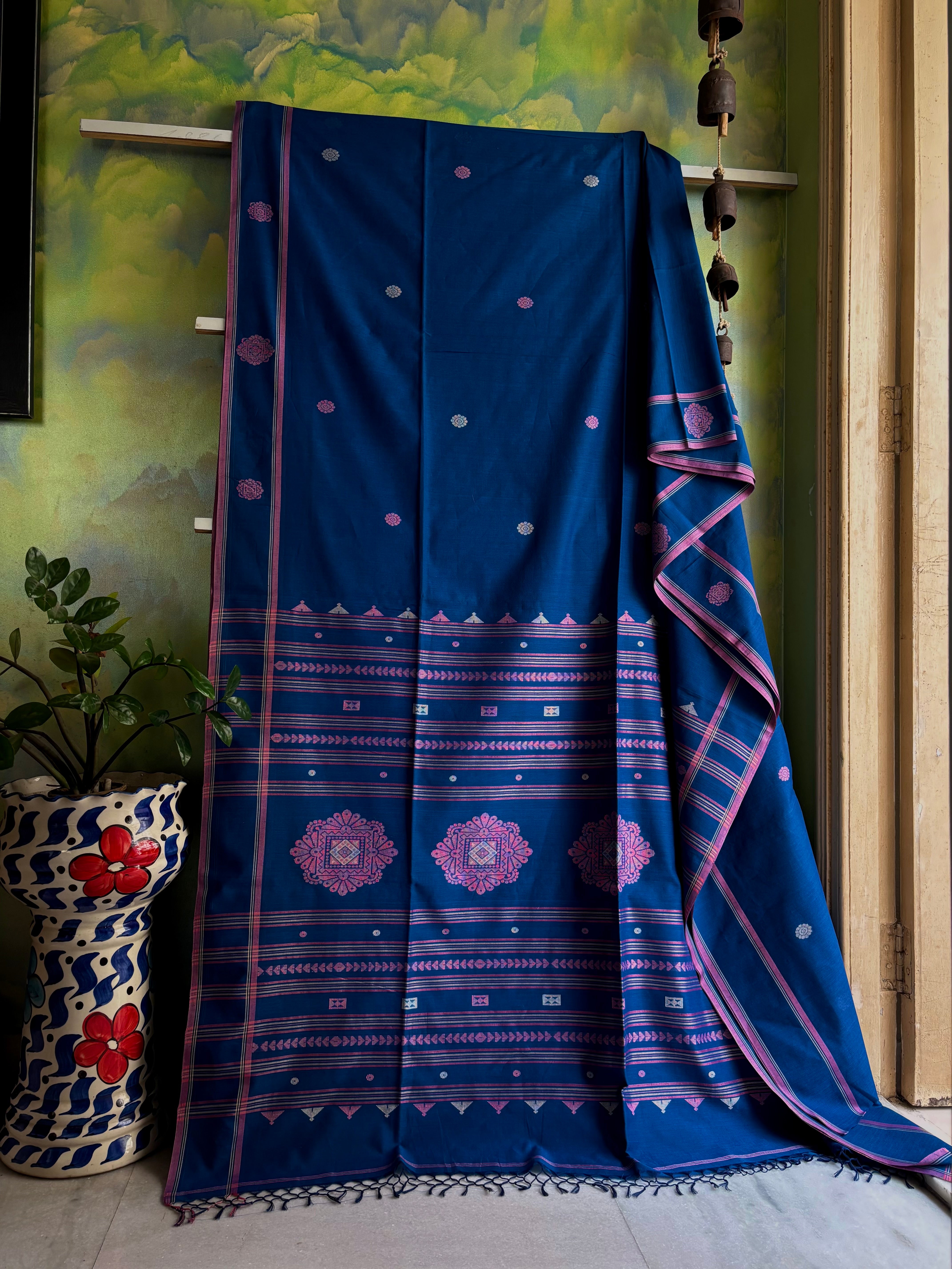 Handwoven Royal Blue Cotton Jamdani Saree