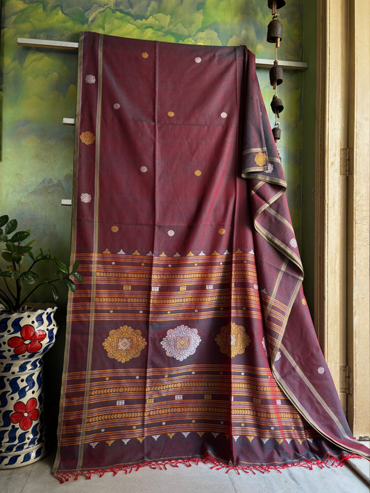 Handwoven Red Rama Green Dual Toned Cotton Jamdani Saree