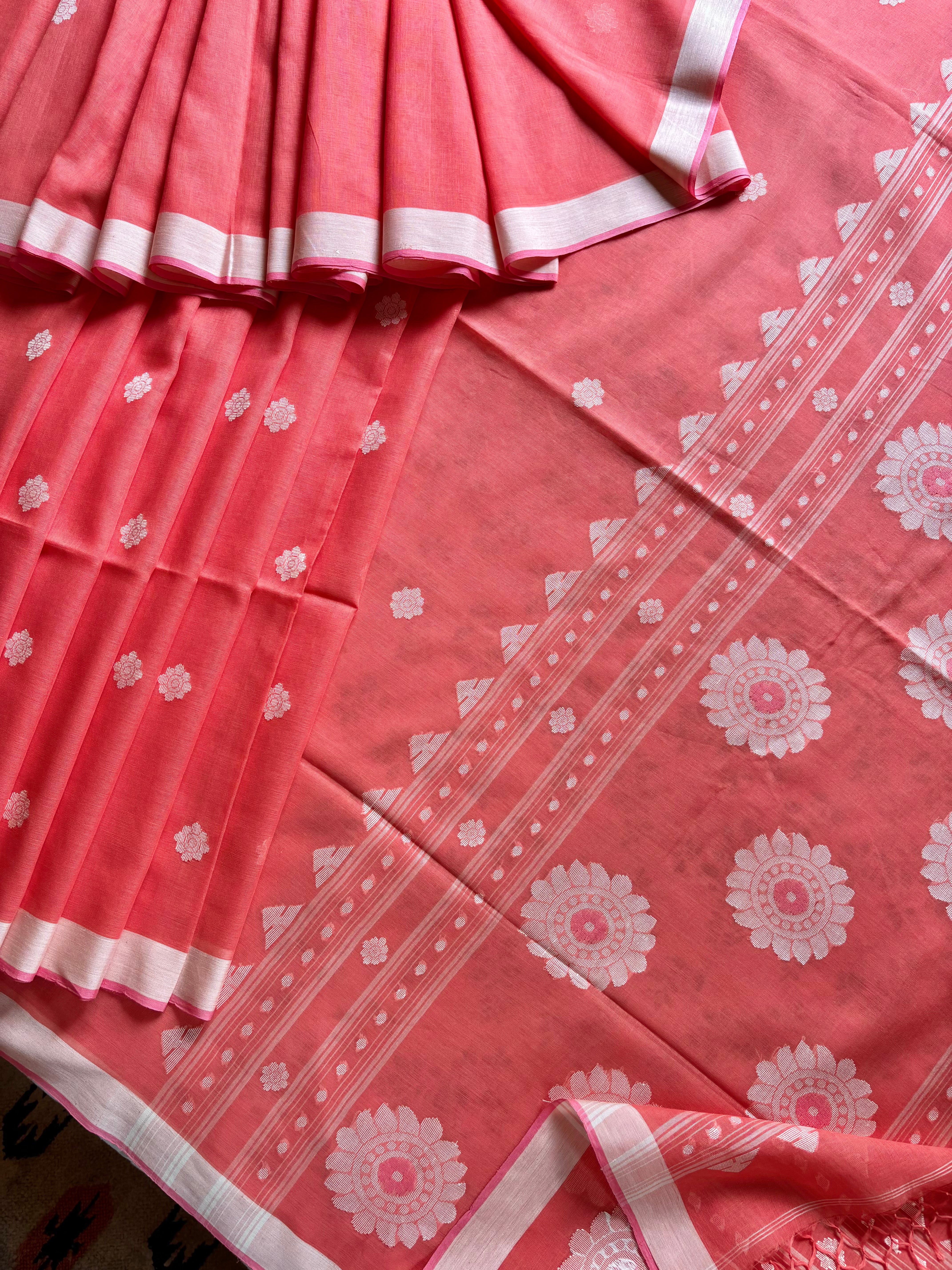 Handwoven Peach Colour Cotton Jamdani Saree