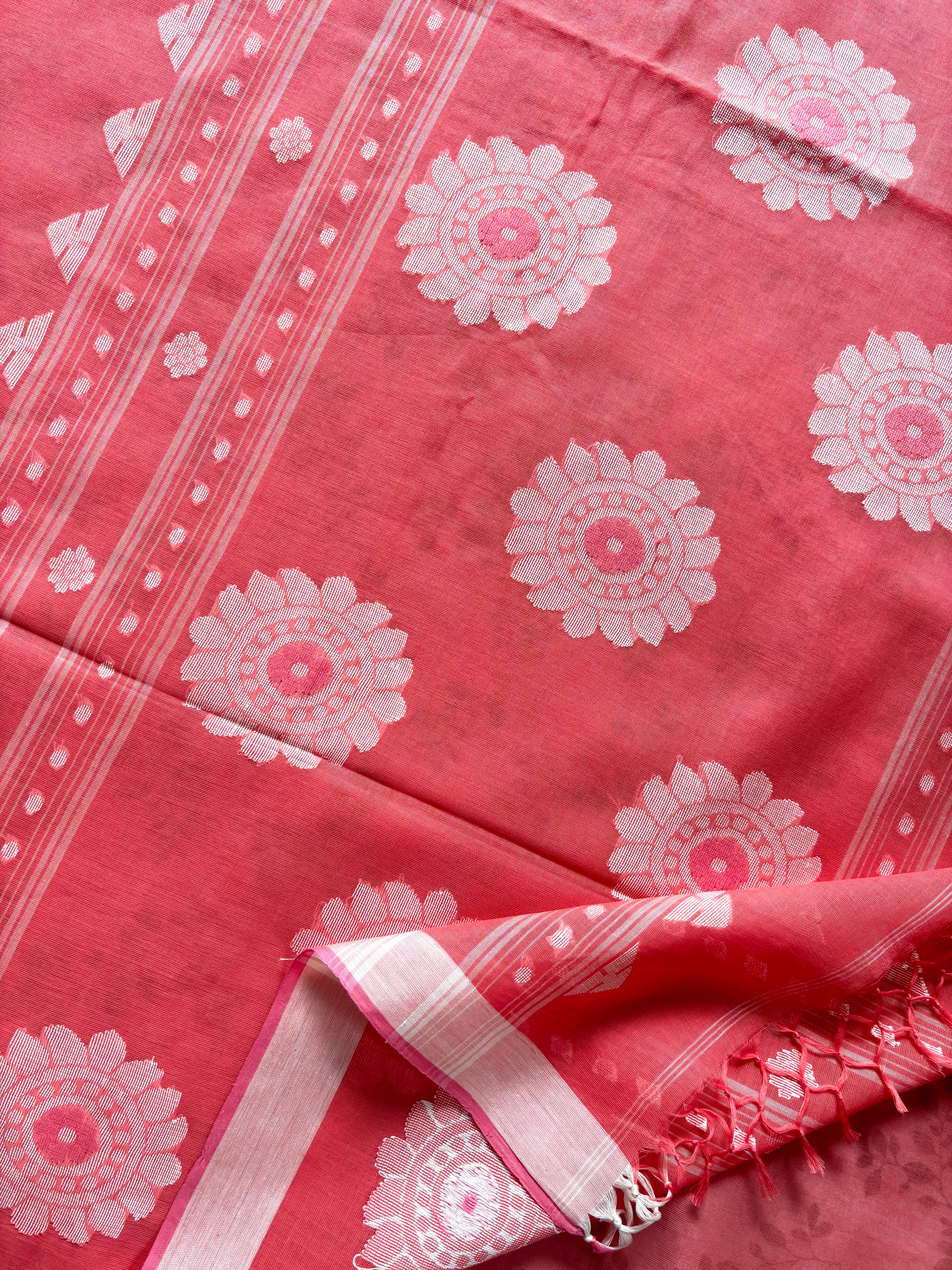 Handwoven Peach Colour Cotton Jamdani Saree