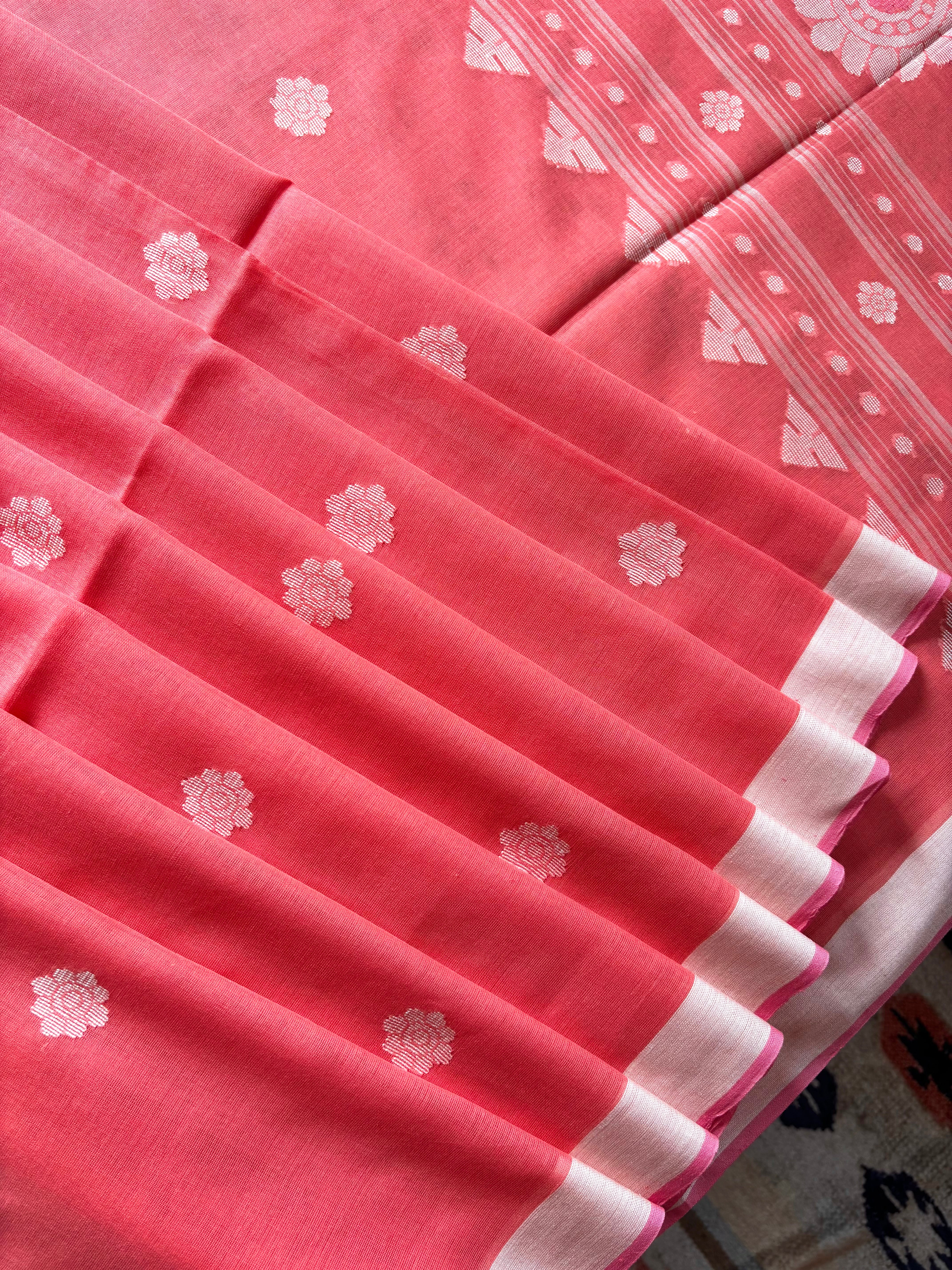 Handwoven Peach Colour Cotton Jamdani Saree
