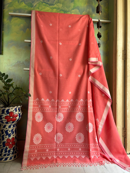 Handwoven Peach Colour Cotton Jamdani Saree