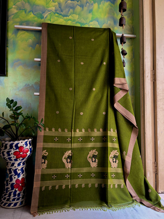 Handwoven Moss Green Colour Cotton Jamdani Saree