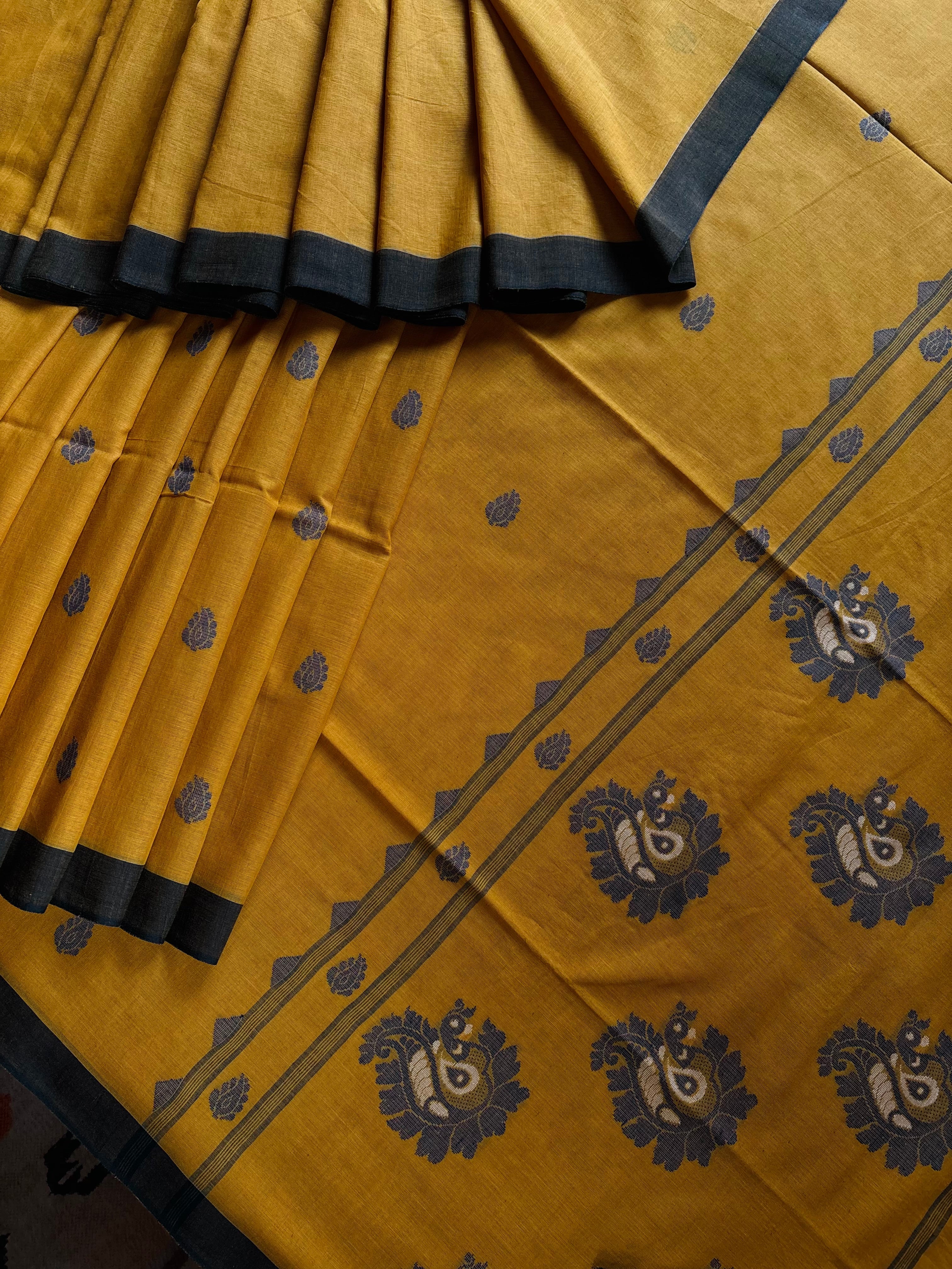 Handwoven Mustard Navy Cotton Jamdani Saree