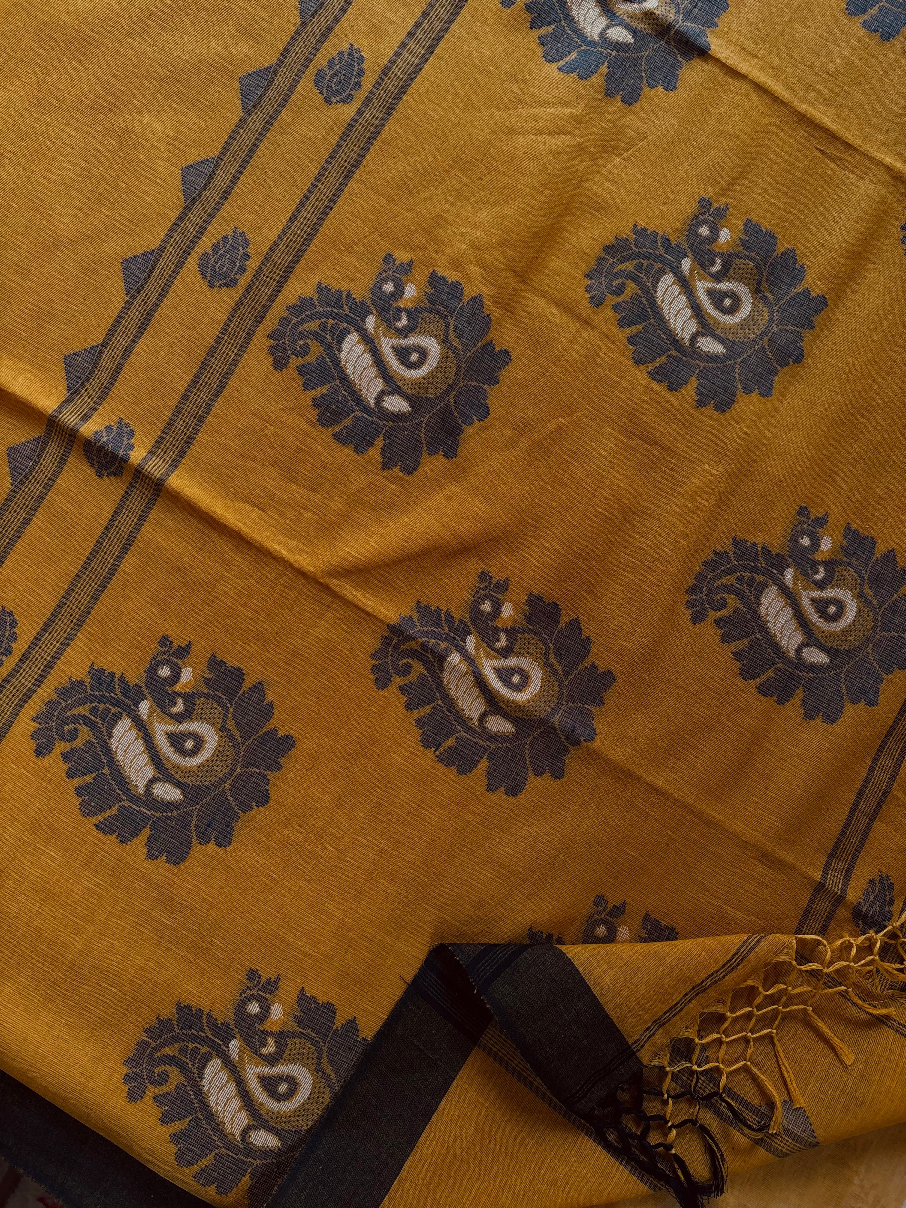 Handwoven Mustard Navy Cotton Jamdani Saree