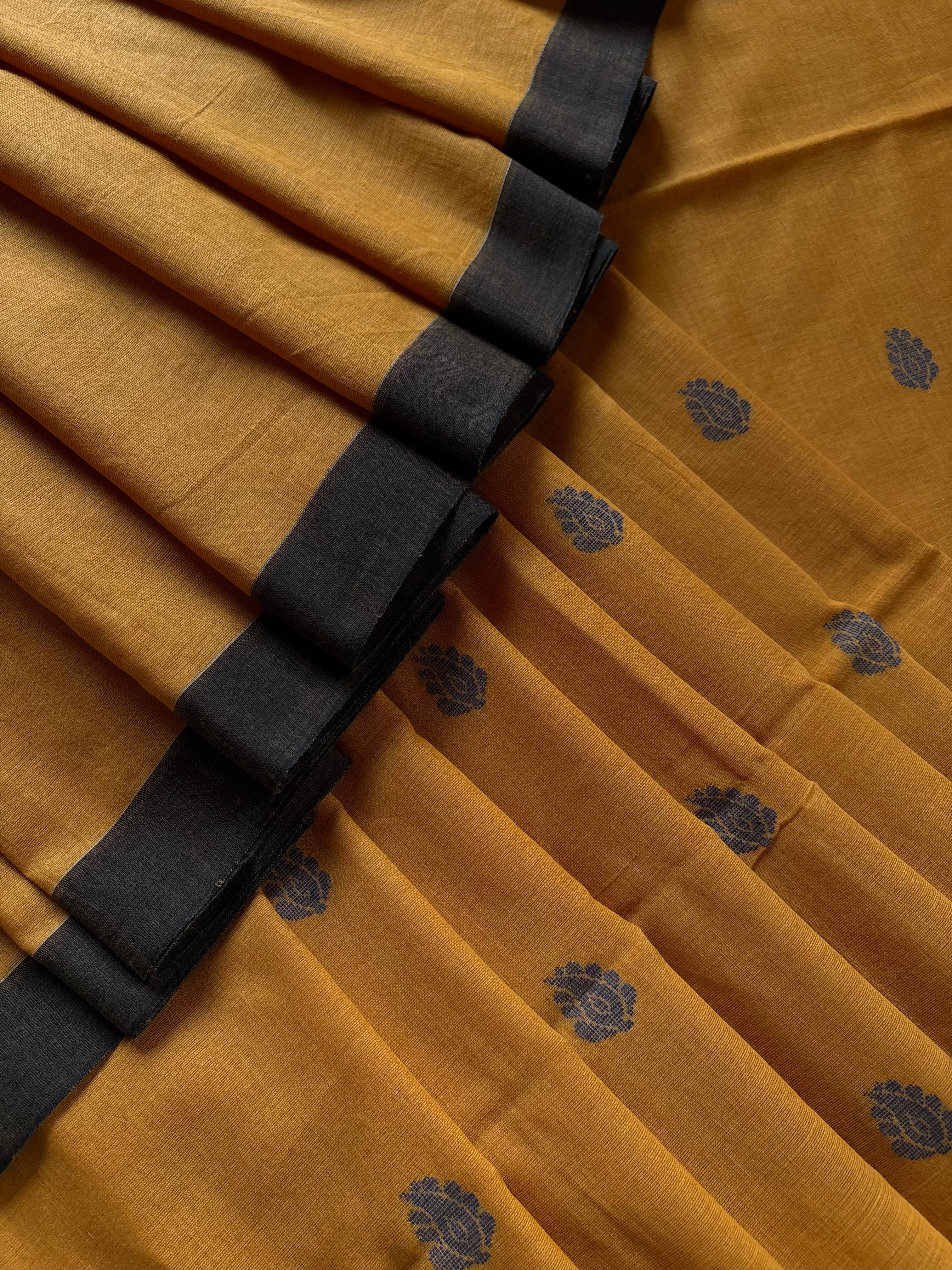 Handwoven Mustard Navy Cotton Jamdani Saree