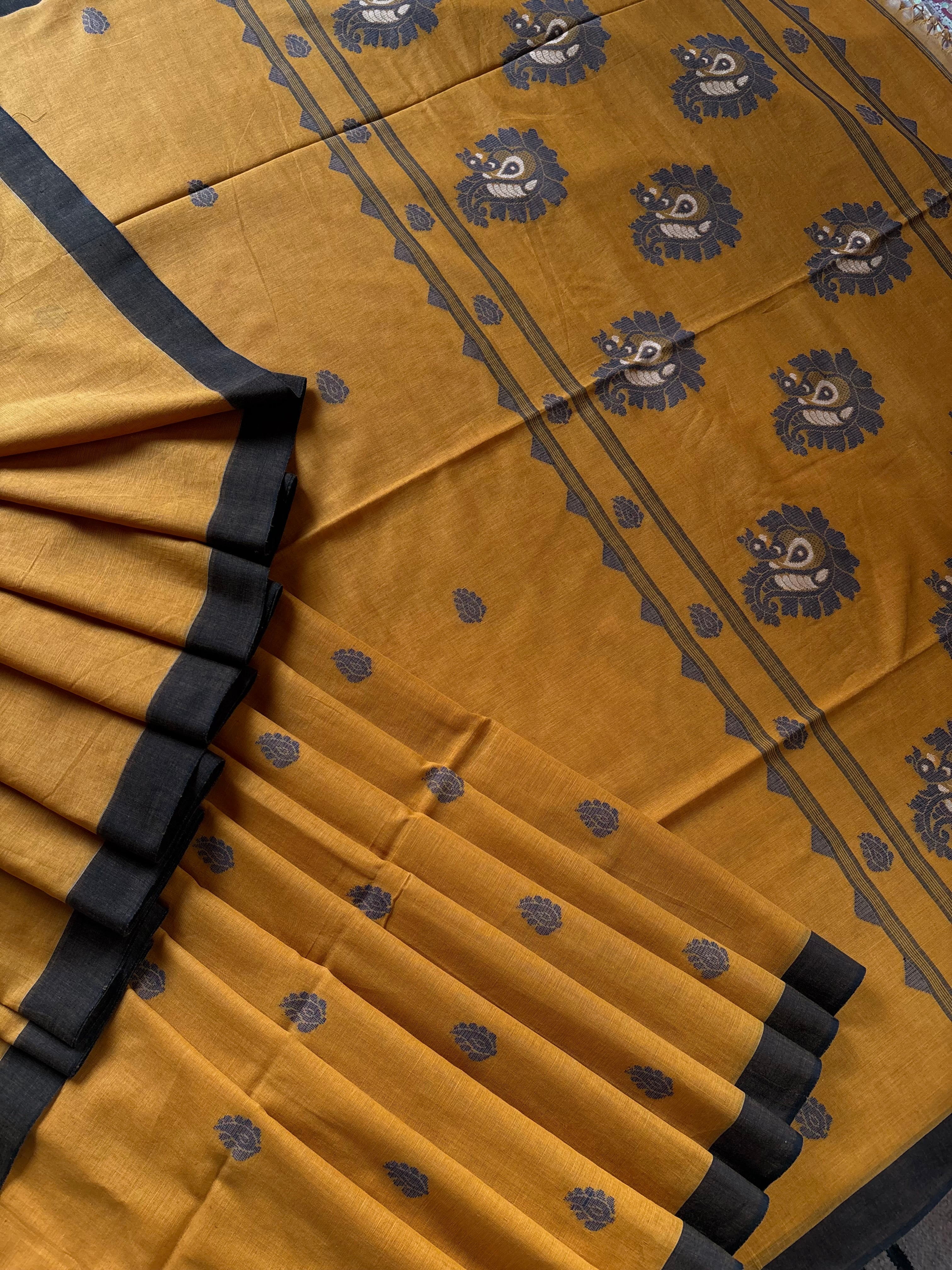 Handwoven Mustard Navy Cotton Jamdani Saree