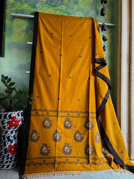 Handwoven Mustard Navy Cotton Jamdani Saree