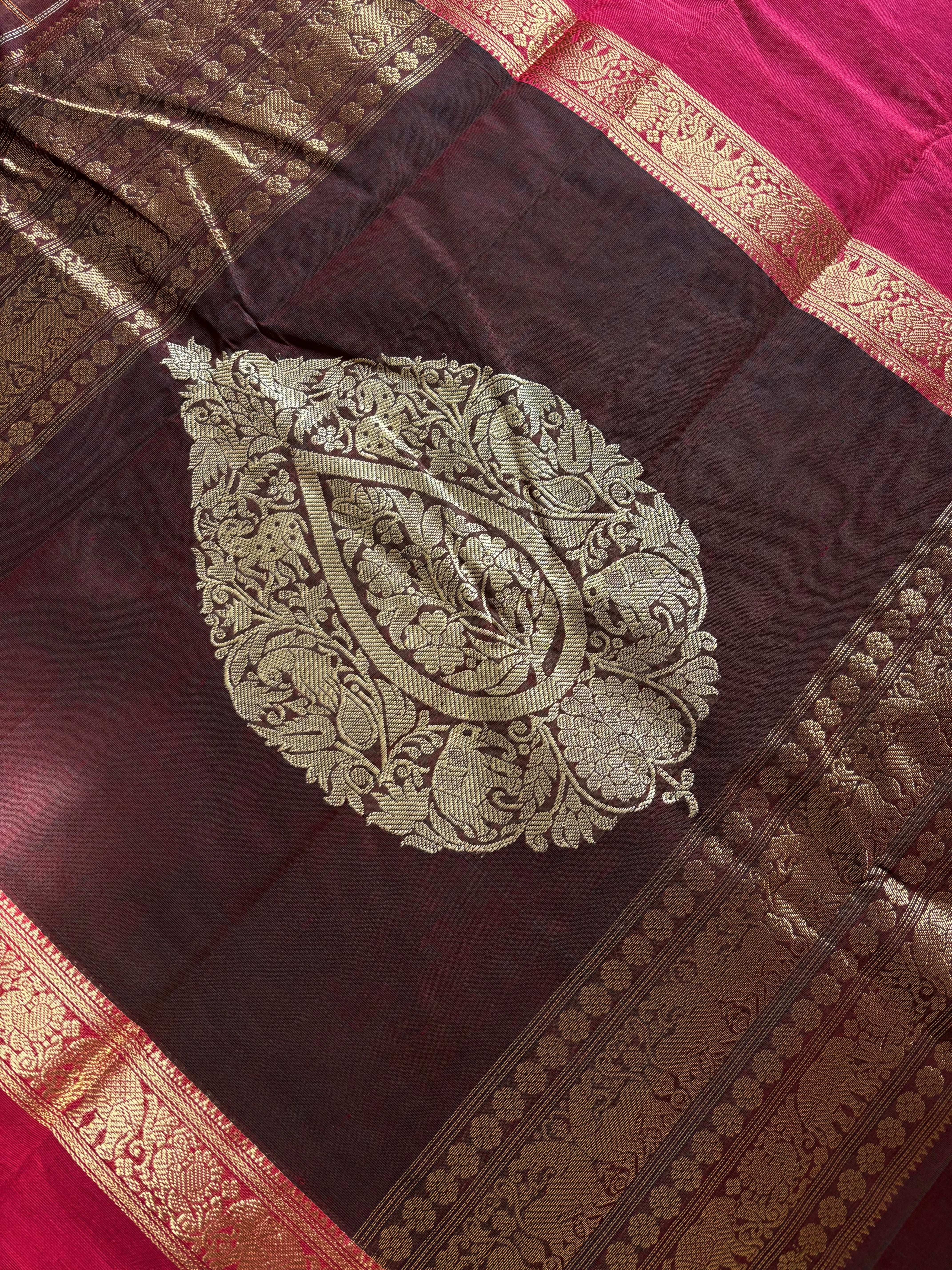 Handwoven Brown Pink Kanchipuram Cotton Saree