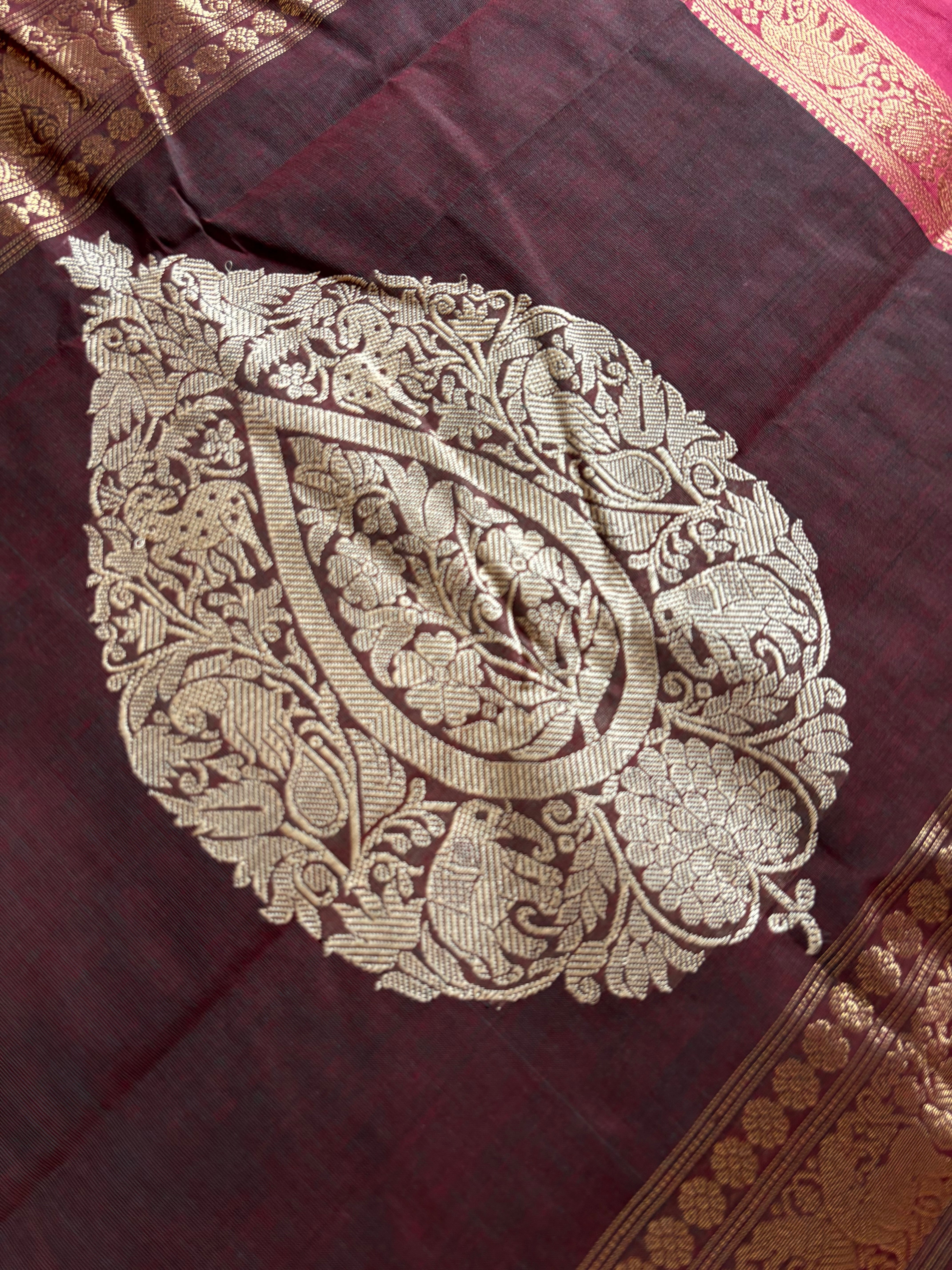 Handwoven Brown Pink Kanchipuram Cotton Saree